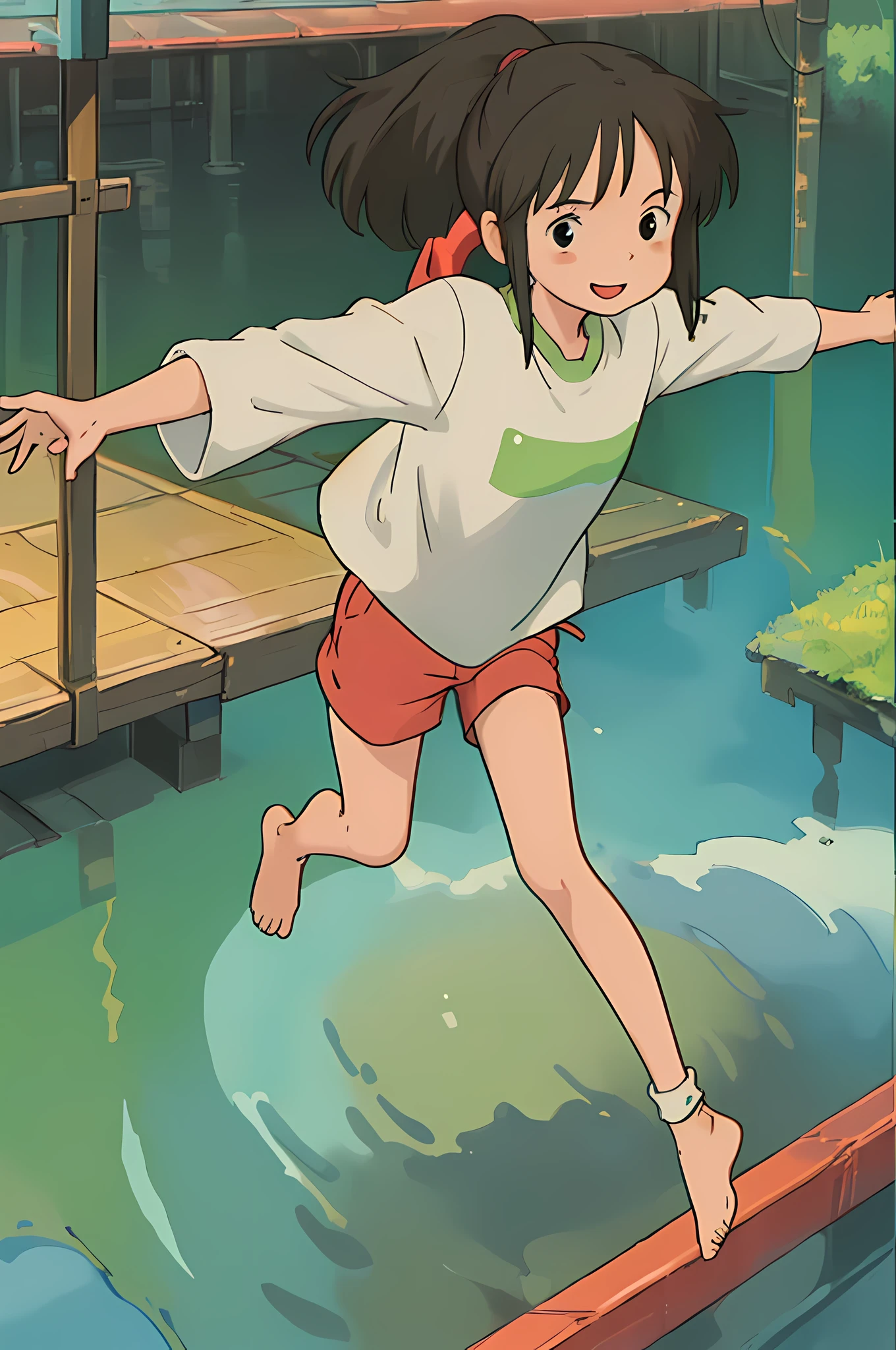 (masterpiece:1.4), (best qualit:1.4), (high resolution:1.4), ogino chihiro, smile, ponytail, long arm shirt, red shorts, barefoot, railroad tracks, balancing, outstretched arms,  water ,colorful, high contrast