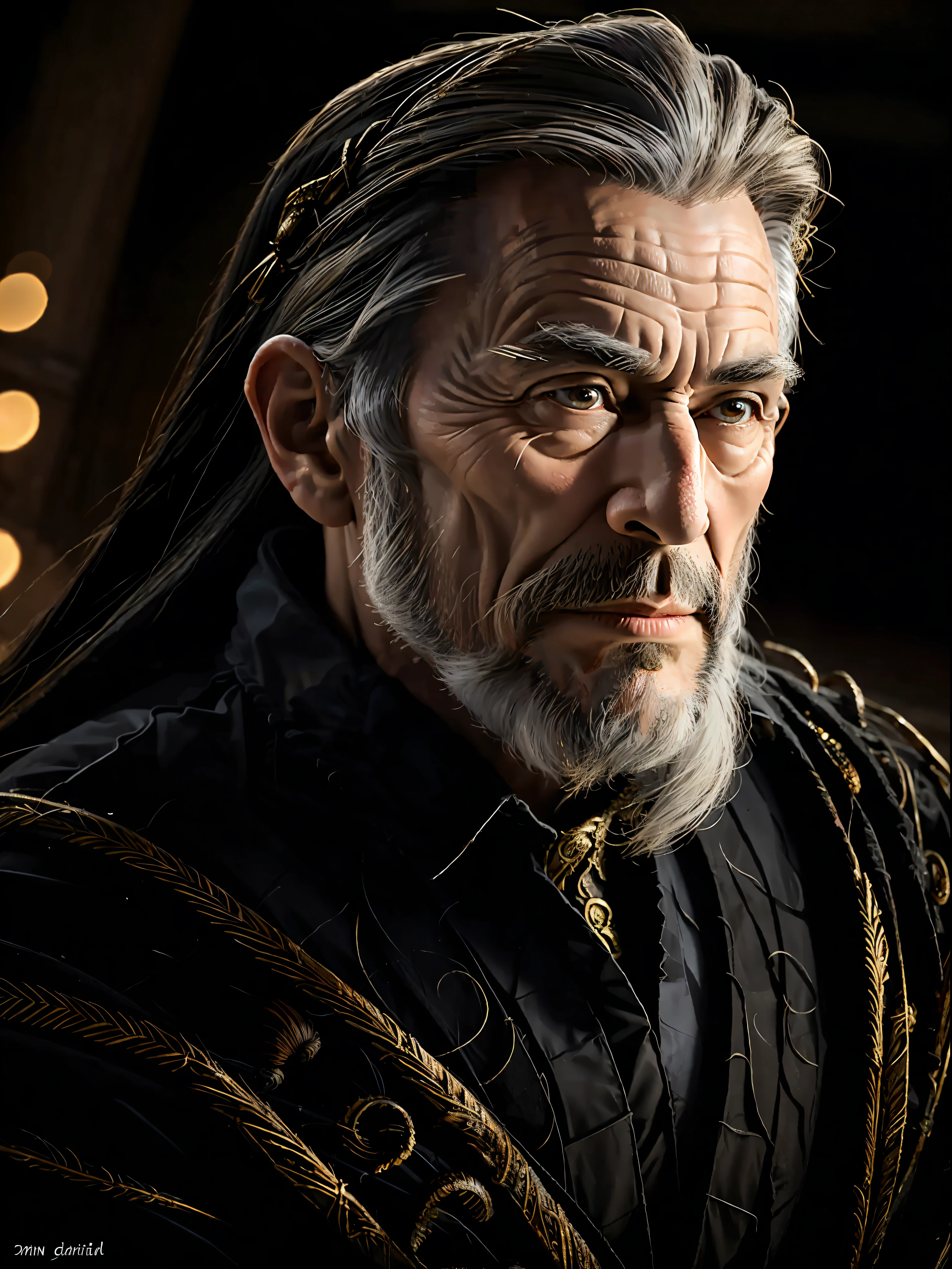 Best quality, masterpiece, ultra-high resolution, realistic, (male, old, gray hair, wrinkled face, kindness) man in black ancient gown, headdress, delicate skin, facial hair, long beard, movie lights, shadows, long black hair, biomechanical environment