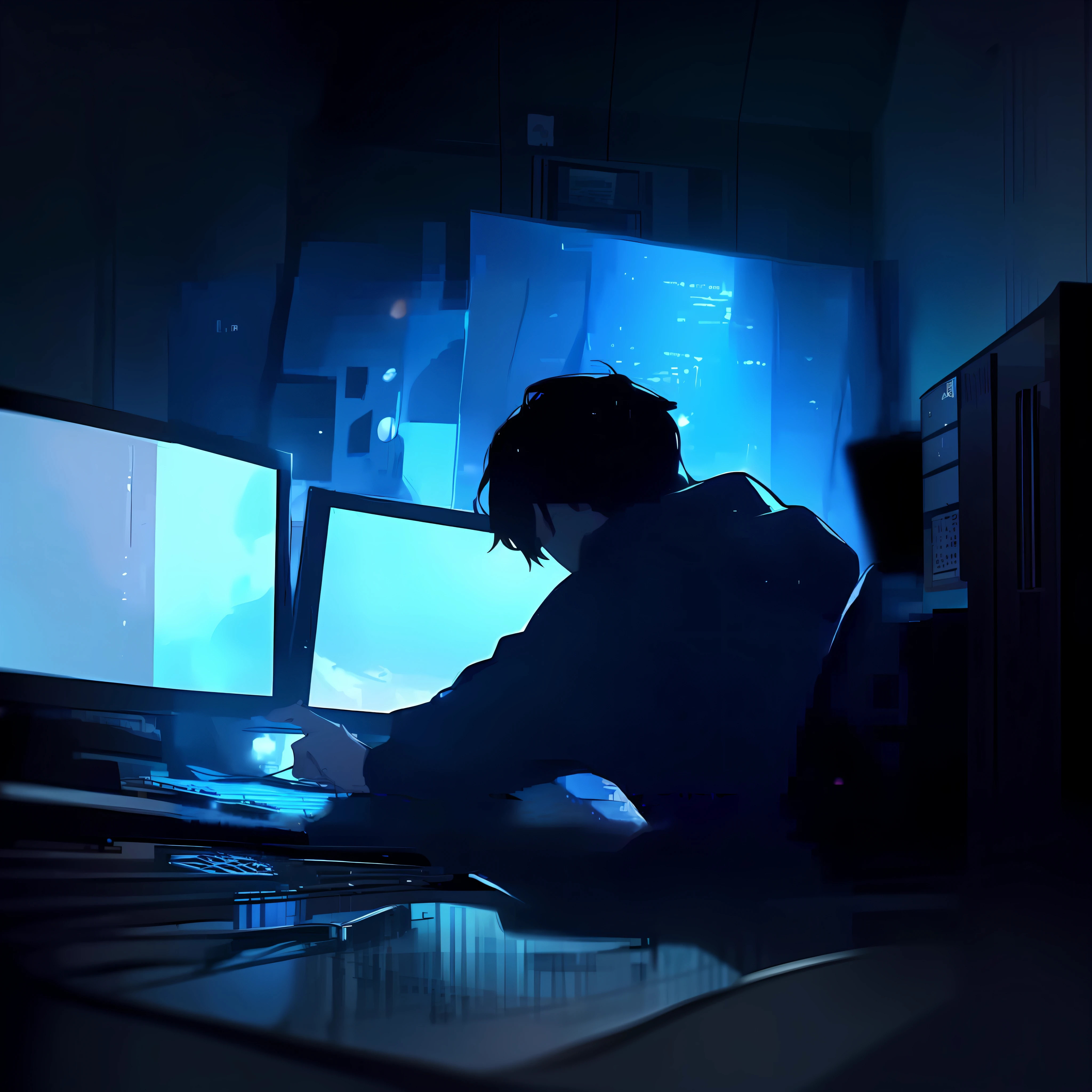 someone is sitting at a desk with two computer monitors and a keyboard, makoto shinkai art style, makoto shinkai style, makoto shinkai cyril rolando, high quality anime artstyle, anime art wallpaper 8 k, digital anime art, 4k anime wallpaper, anime wallpaper 4 k, anime wallpaper 4k, guweiz and makoto shinkai