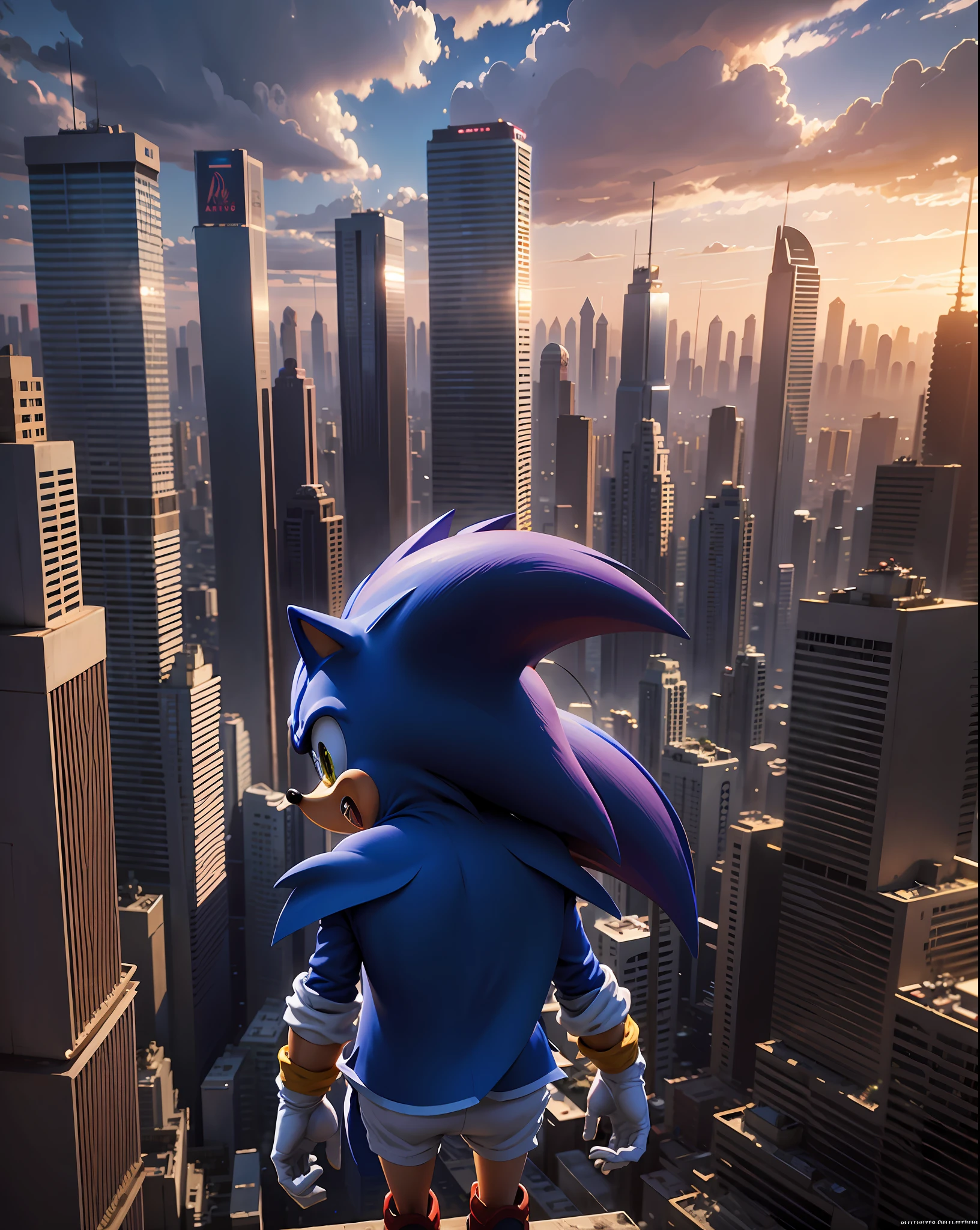 sonic in sao paulo, masterpiece, best quality, high quality, cinematic lighting, beautiful and aesthetic, ultra detailed, great composition, floating, depth of view, (extremely detailed CG, 8k unit wallpaper), (beautifully detailed background),dramatic lighting
