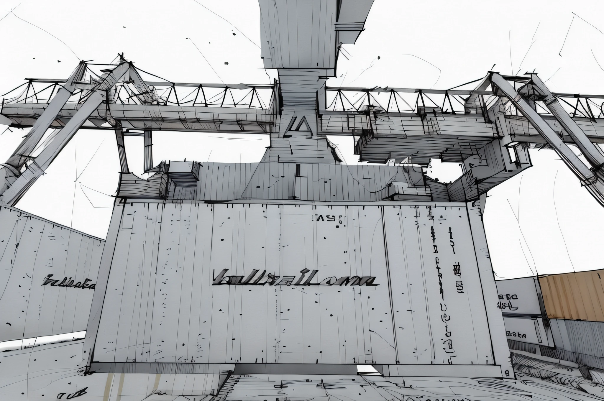 linear, gray, white background, simple background, sketch, sketch, pen_sketch_style, there is a large bulldozer that lifts the container, loading, heavy machinery, truck, large shovel, mining scrap metal, gravel, hard work, massive construction machines