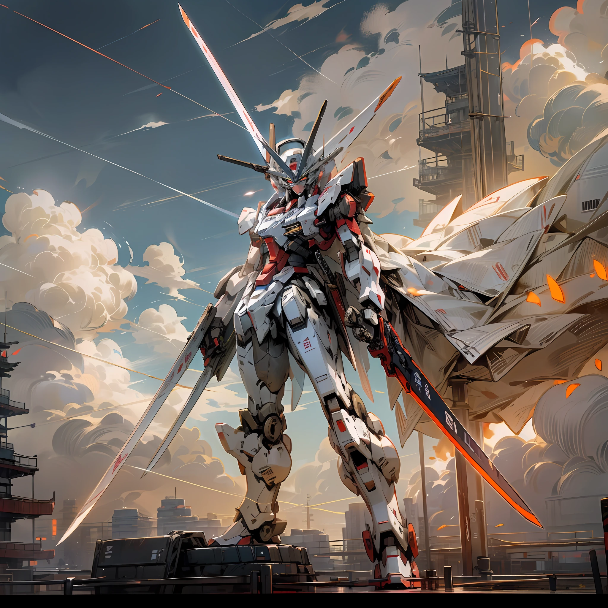 sky, clouds, holding_weapon, no_humans, 1machine, camera gaze, gundam, (with Japan sword: 1.3), dual-wielding, painted red, Tokyo, building, glowing_eyes, science fiction, (Japan building), urban, reality,
