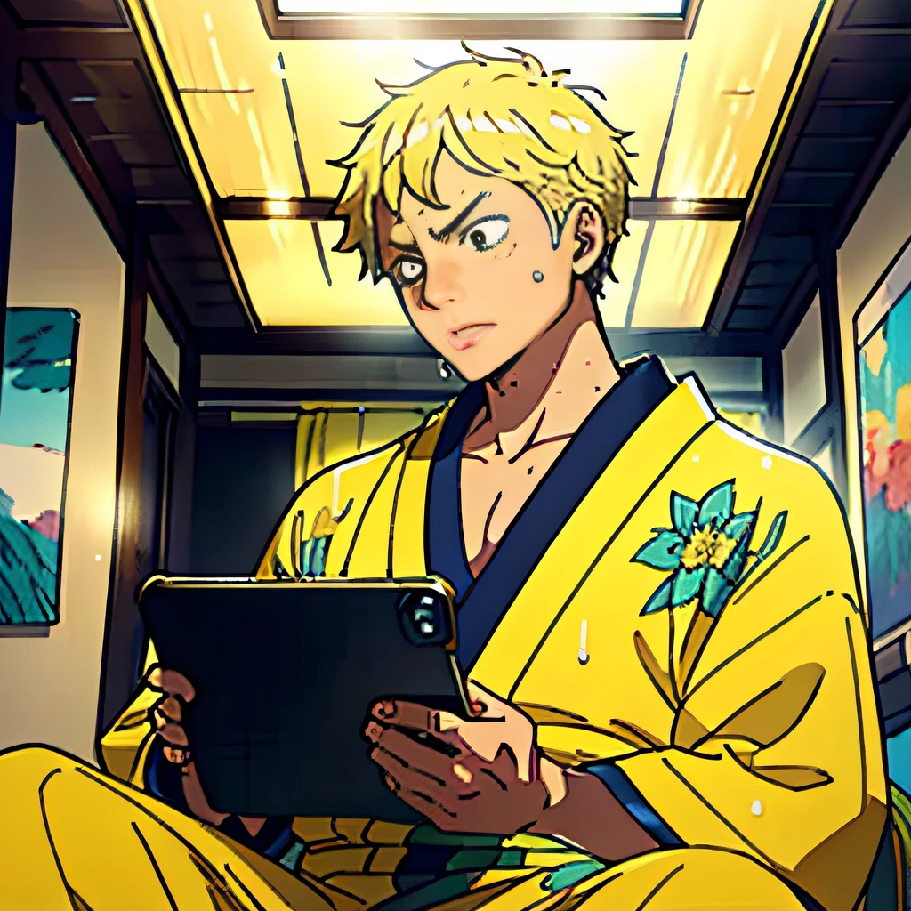 Masterpiece, best quality, ultra-detailed, 8K resolution, detailed picture, a 20-year-old boy in a yellow kimono with short hair (serious expression, sweating: 1.4), sitting on the sofa in the bedroom, (watching the video on the phone: 1.4), upper body display