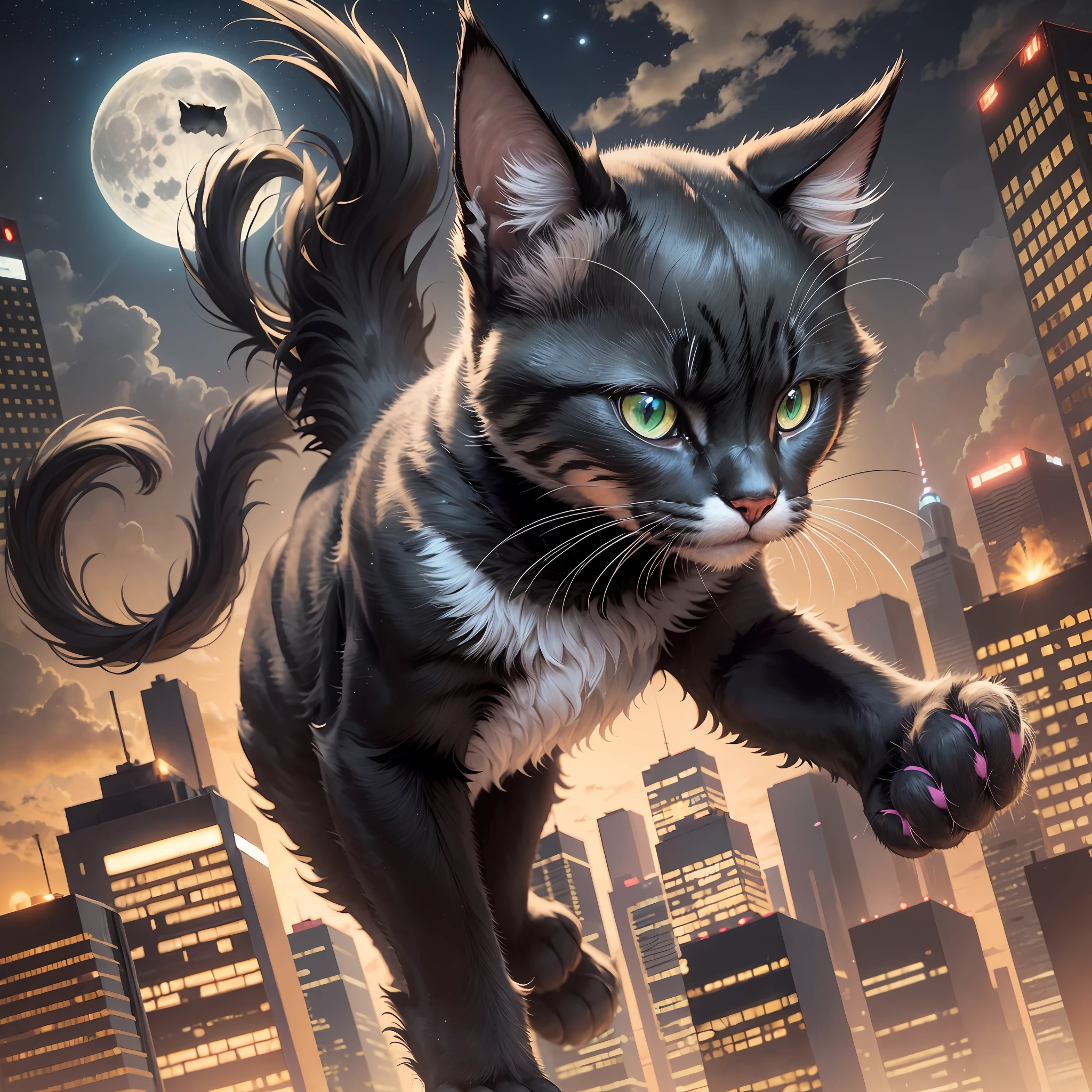 adorable black cat with shiny fur, piercing green eyes and wearing a feline version of Superman's costume. The cat is in a heroic pose, with a raised front paw as if it were about to fly. His fearless gaze conveys a mixture of confidence and determination, while his fur swings in the imaginary wind. In the background, there is a miniature city, with skyscrapers and a bright full moon illuminating the scene. The image captures the essence of this superhero cat's undeniable courage and charm --auto --s2
