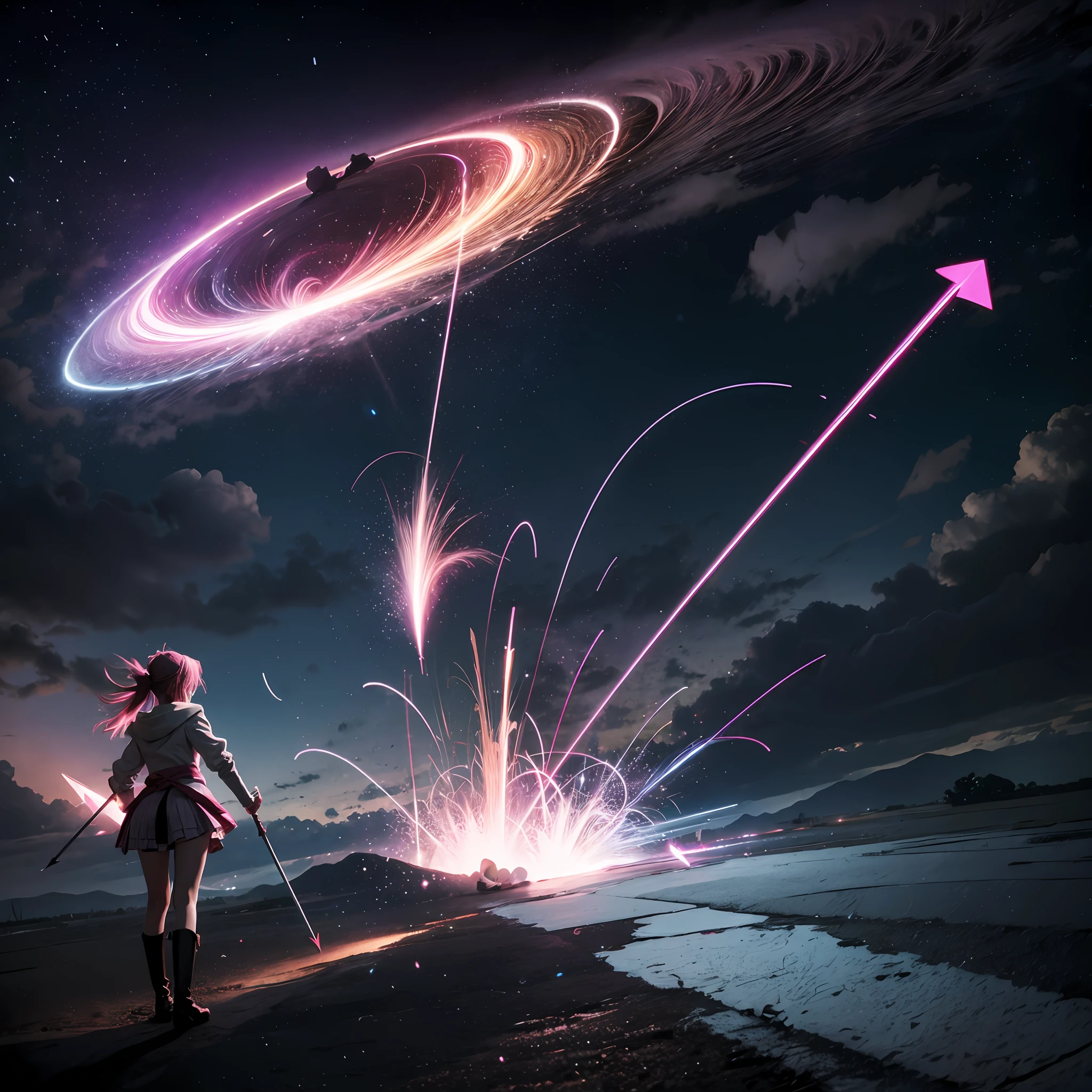 One, Puella Magi Madoka, is attacking to rain a tremendous number of arrows of light on the ground with magic