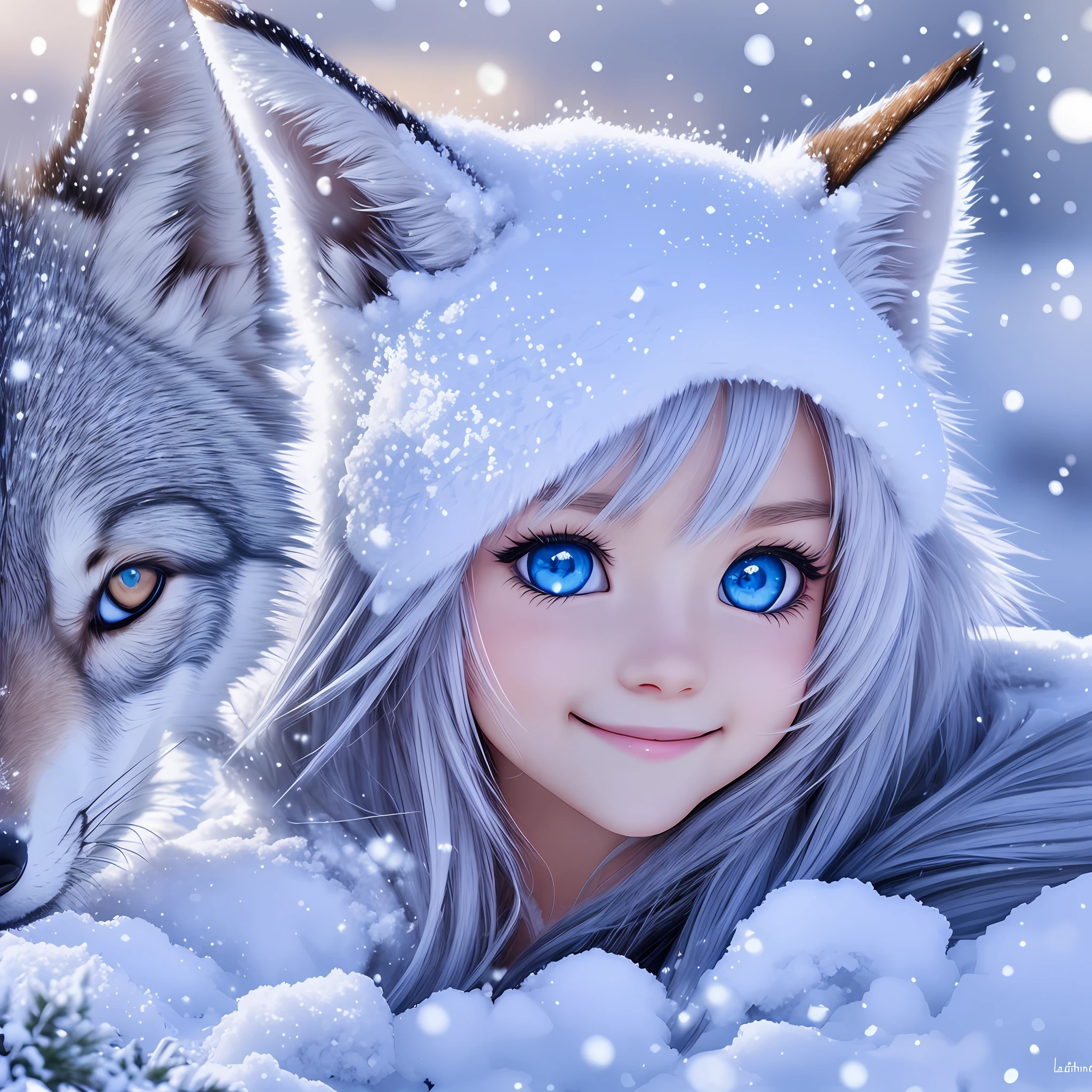 chibi, wolf and beautiful girl, good friend, best friend, play, love, light, mystery, bright smile, fun, blue eyes, kind eyes, bright background, winter, snow, warm, high image quality, lassen