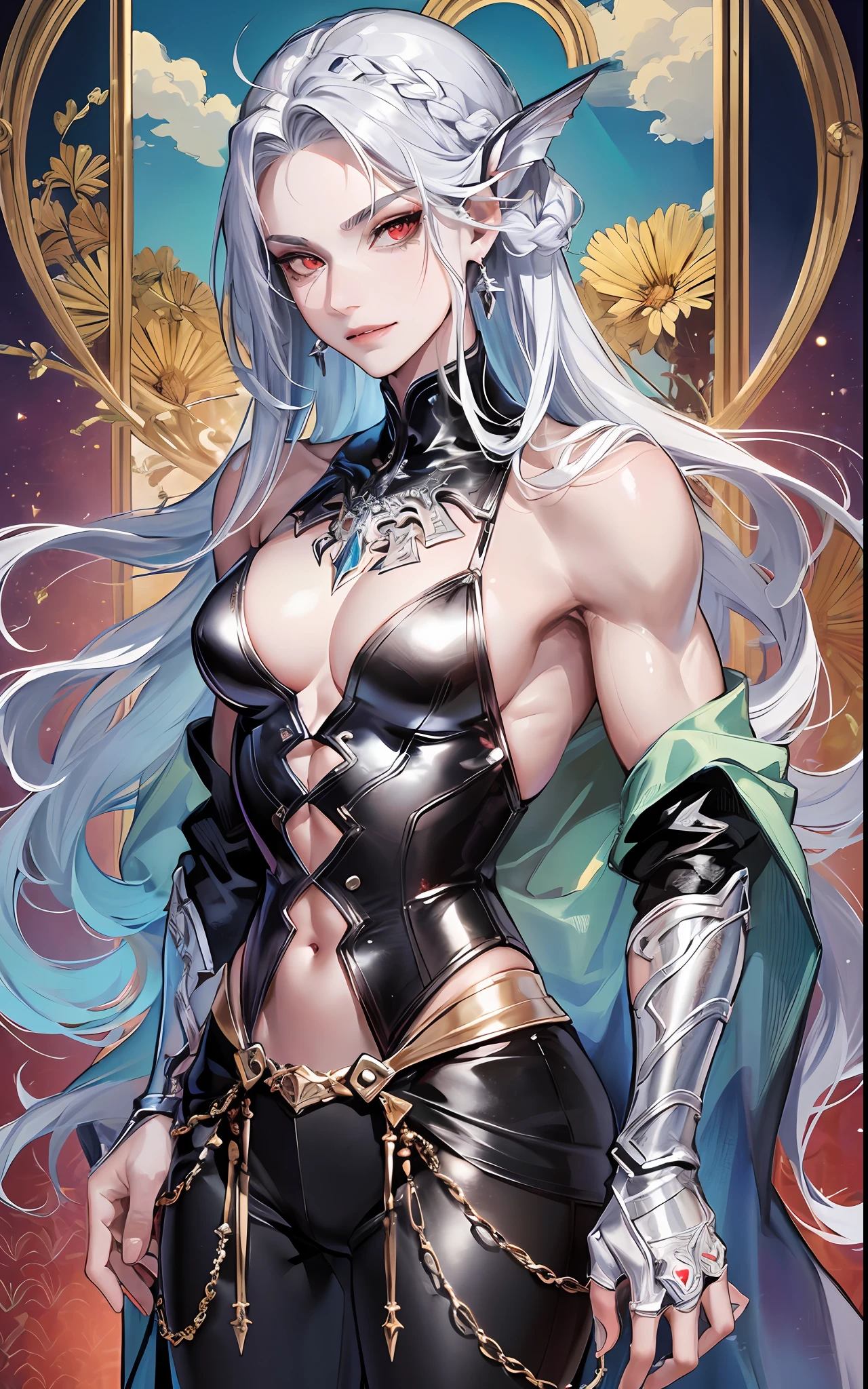 man, masculine, masculine face, attractive, muscular, ((1man)), masterpiece, absurdres, best quality ,intricate details , (shiny skin, shiny body, shiny oily luster skin, shiny hair, pale skintone), Sundown, attractive, ((muscular)), adult, one, medieval clothes, earrings, black pants, Don't look at the view , Not looking at the view, silver hair, braided hair, perfect detailed face, perfect detailed hands, mermaid fins, red eyes, mermaid ears, ((MLS)), smirk, medium large shoot