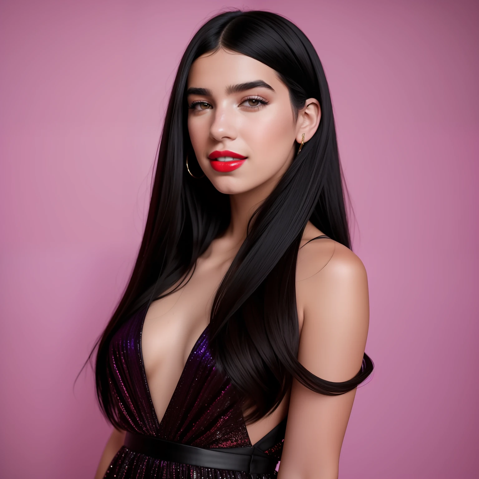 Dua Lipa, taking a photo in front of a wall with a colorful gradient, wearing a dress, long straight black hair, red lips, smiling expressions, realistic portraits, Raw simulation style, makes him the focal point of the image. Pay attention to details such as highlights and shadows on the face and hair to create a realistic and realistic image. Try different lighting techniques to enhance the mood and atmosphere of your portrait. ((High Detail Skin, Skin Detail)), Clear Focus, Volumetric Fog, 8K Ultra HD, SLR, High Quality, Film Granules, Fujifilm XT3