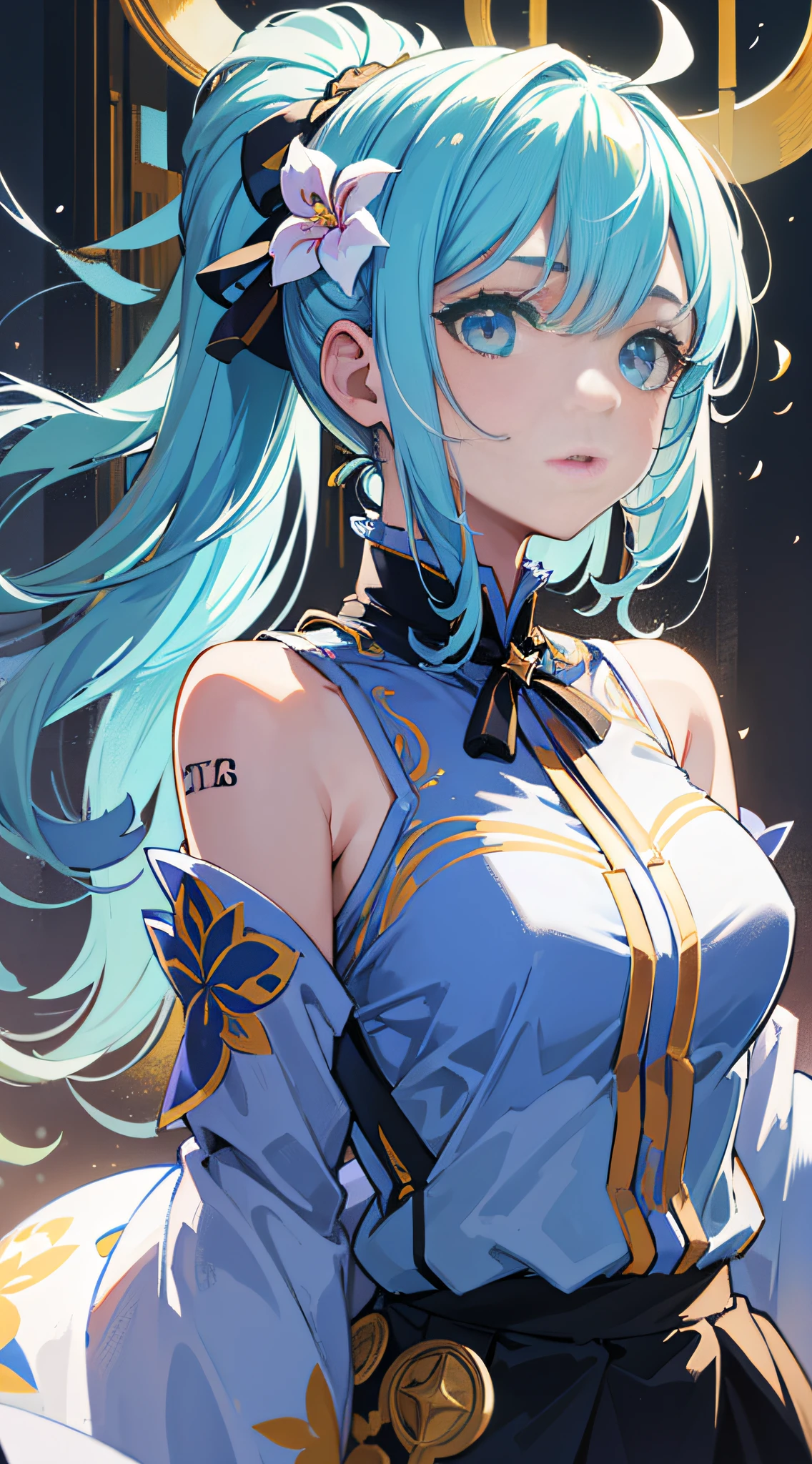 (masterpiece), (best quality), (ultra detailed),(disheveled hair),(illustration), (1girl), (Fashionable clothing), standing, Fashion model, looking at viewer, (interview), (simple background),beautiful detailed eyes, delicate beautiful face, Floating,(high saturation),(colorful splashes),colorful bubble,(shining), focus on face, ponytail, kamisato ayaka, light blue hair, bangs, hair ring, floating flowers, floating hairs, (shining), best lighting, best shadow,