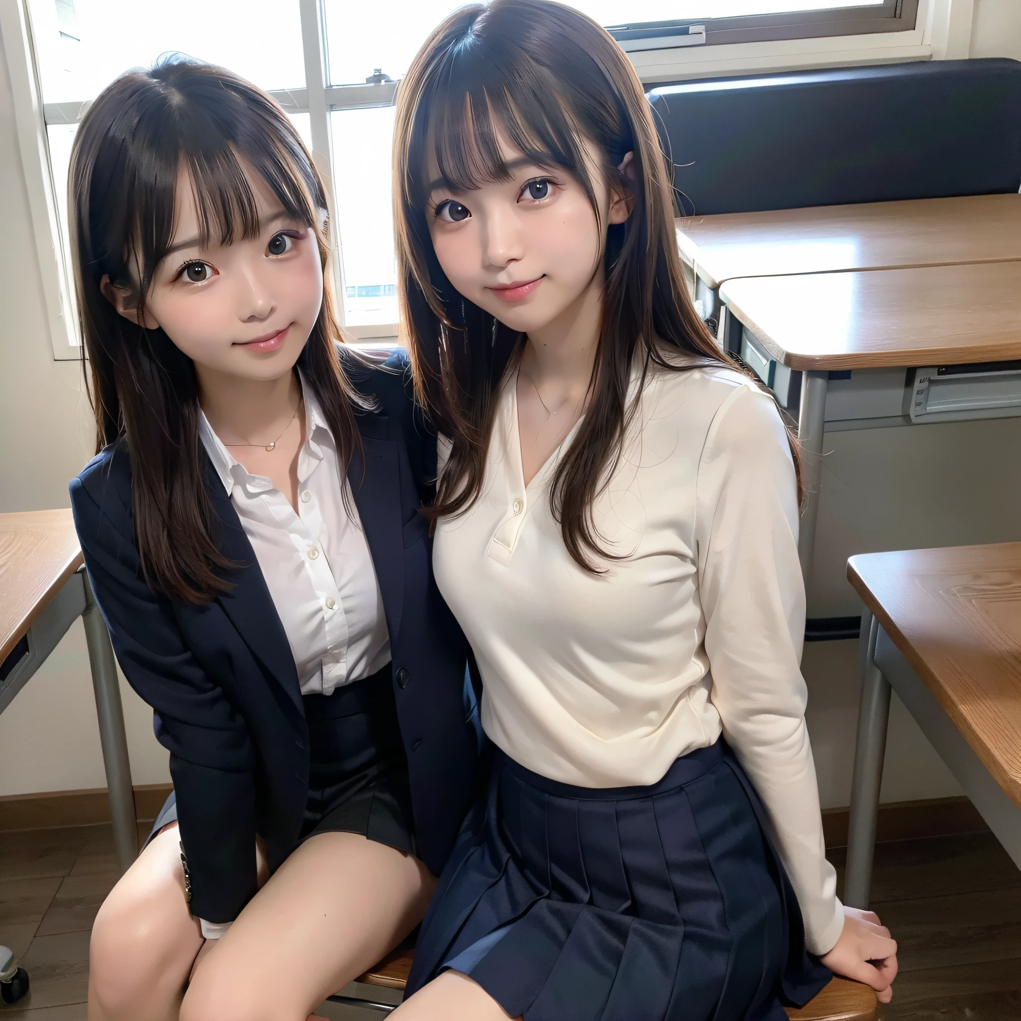 1 girl, best quality, facial focus, soft light, (depth of field), ultra high res, (photorealistic: 1.4), RAW photo, (upper knees: 1.4), (side) 1Japanese girl, solo, handsome, (shy, smile: 1.1), (brown eyes), detailed beautiful face, (long hair), High school classroom, (seated chair), (school uniform: 1.4, navy skirt, navy Blazer)