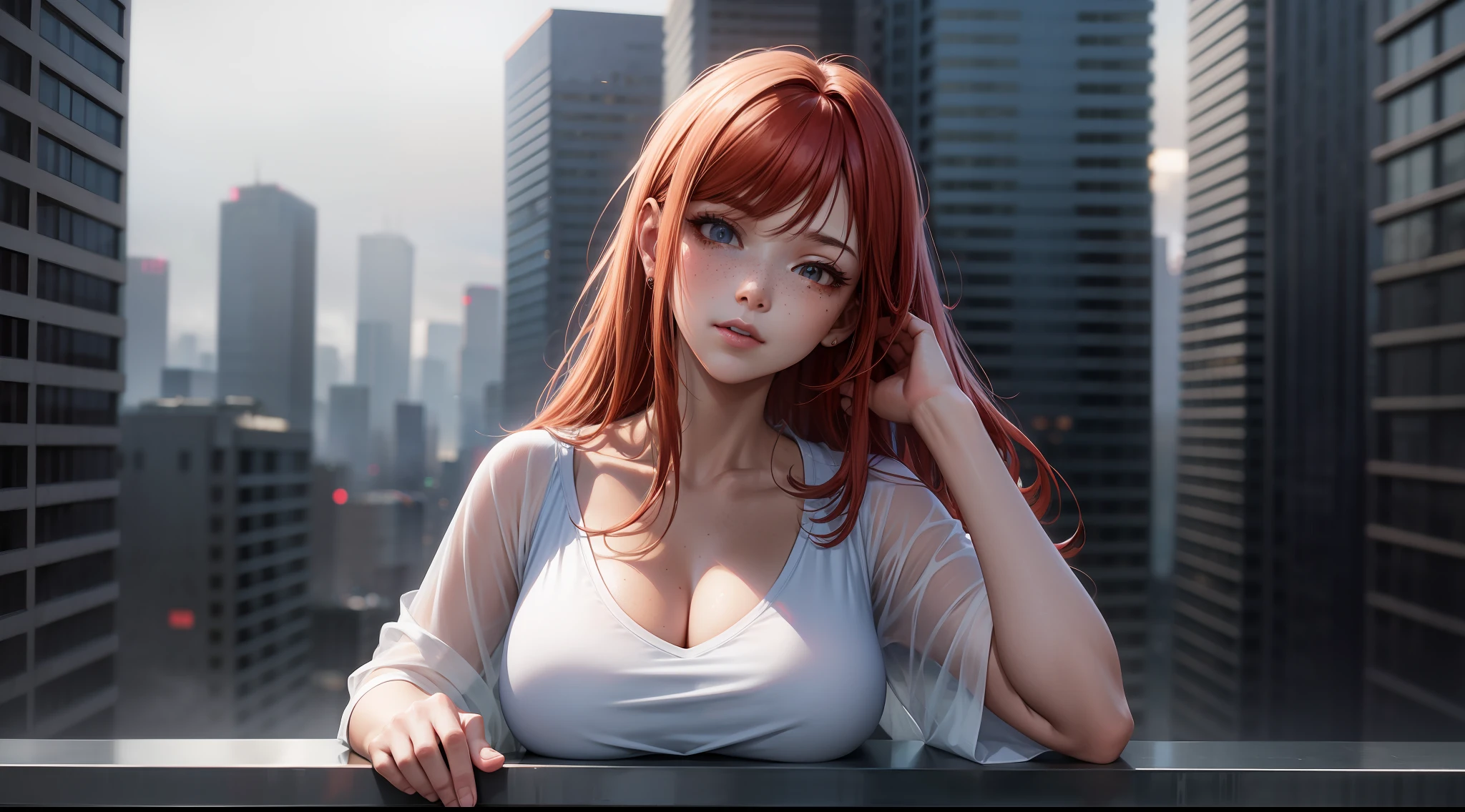 award-winning photo from waist up, portrait of a girl, redhead, freckles is sitting on a balcony, cyberpunk white shirt with V-neckline, breast visible through white T-shirt, slate atmosphere, cinematic, faded colors, dark shot, no sound colors, grainy film, insane details, intricate details, hyperdetailed, close-up, twilight, cyberpunk city background