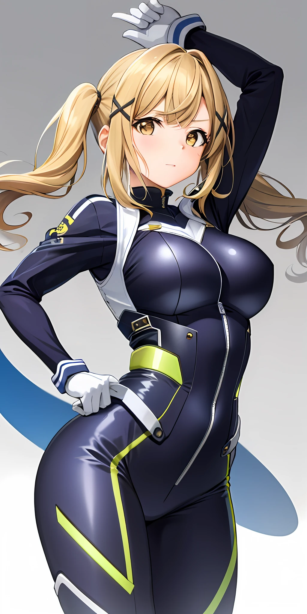 1girl, solo, arisa ichigaya, blonde long twintails, x hair ornament, large breasts, tight bodysuit, standing