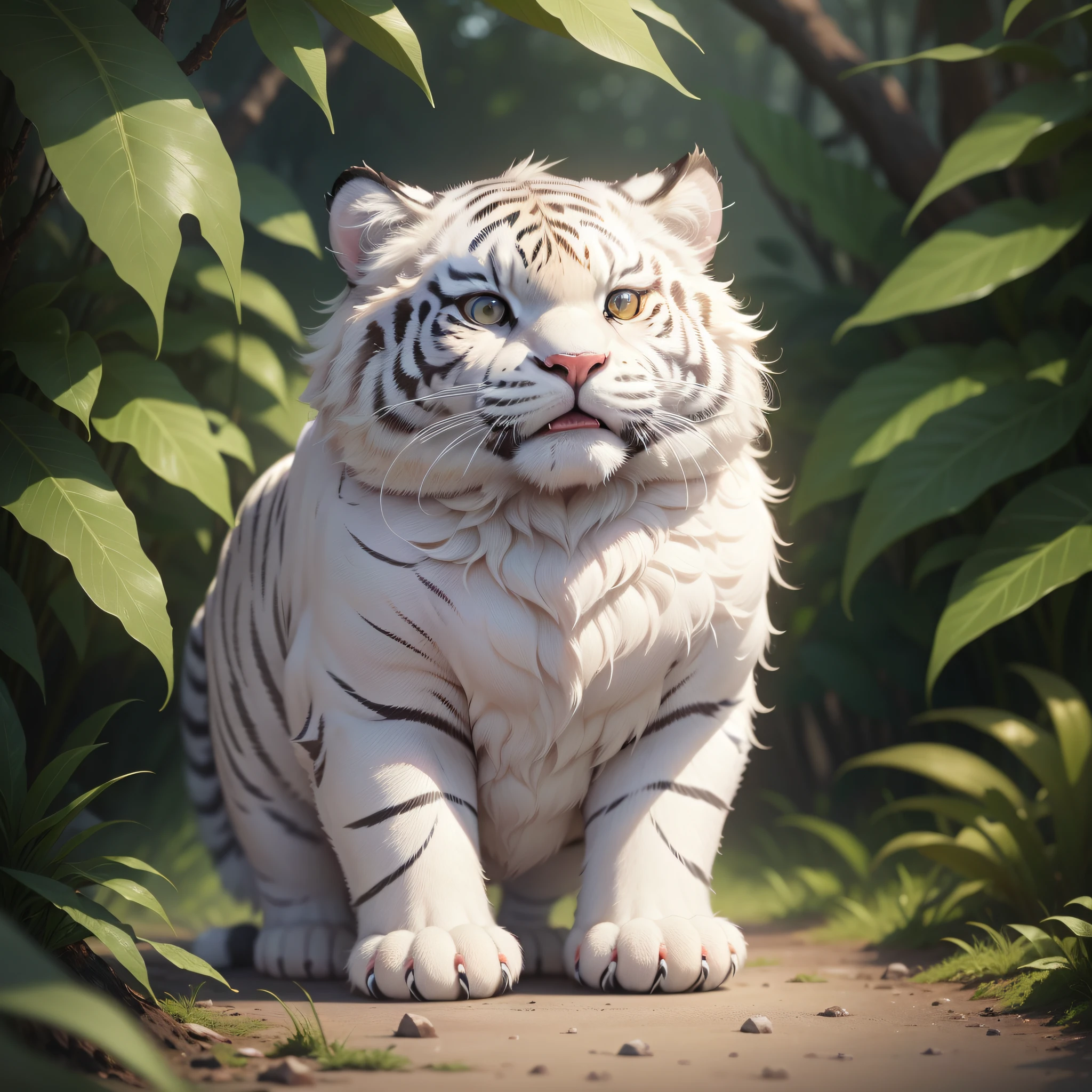 White cute fluffy tiger, fat, fluffy cheeks, (extremely detailed, flawless world,8k, realistic)