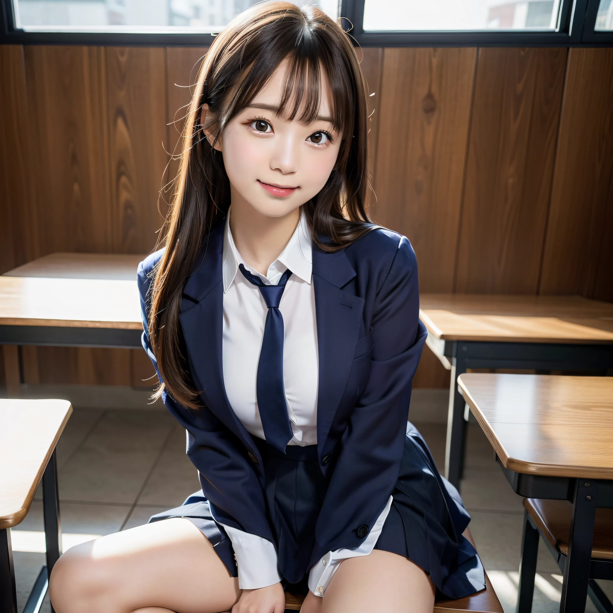 1 girl, best quality, facial focus, soft light, (depth of field), ultra high res, (photorealistic: 1.4), RAW photo, (upper knees: 1.4), (side) 1Japanese girl, solo, handsome, (shy, smile: 1.1), (brown eyes), detailed beautiful face, (long hair), High school classroom, (seated chair), (school uniform: 1.4, navy skirt, navy Blazer)