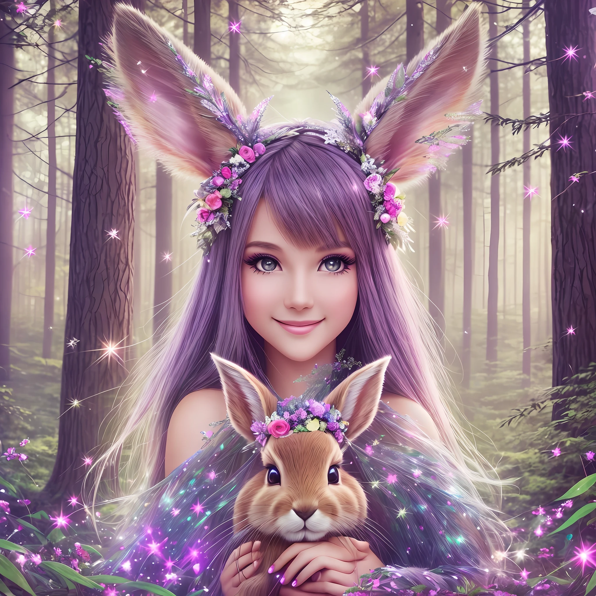 mystic forest, glitter, bright, light, rabbit, deer, playing, pretty girl, smile, get along, fun, bright, halo, bright background, fairy