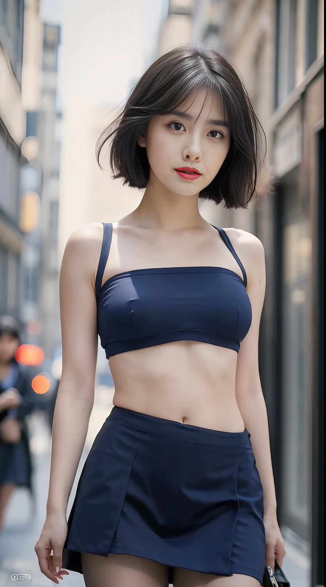 Ultra HD, masterpiece, highest resolution, highest detail, chiaroscuro, realistic, a 25-year-old woman, wearing a navy blue bandeau, navy blue short skirt, black hair, beautiful eyes, long eyelashes, human eye perspective shooting, standing on the fashionable street posing