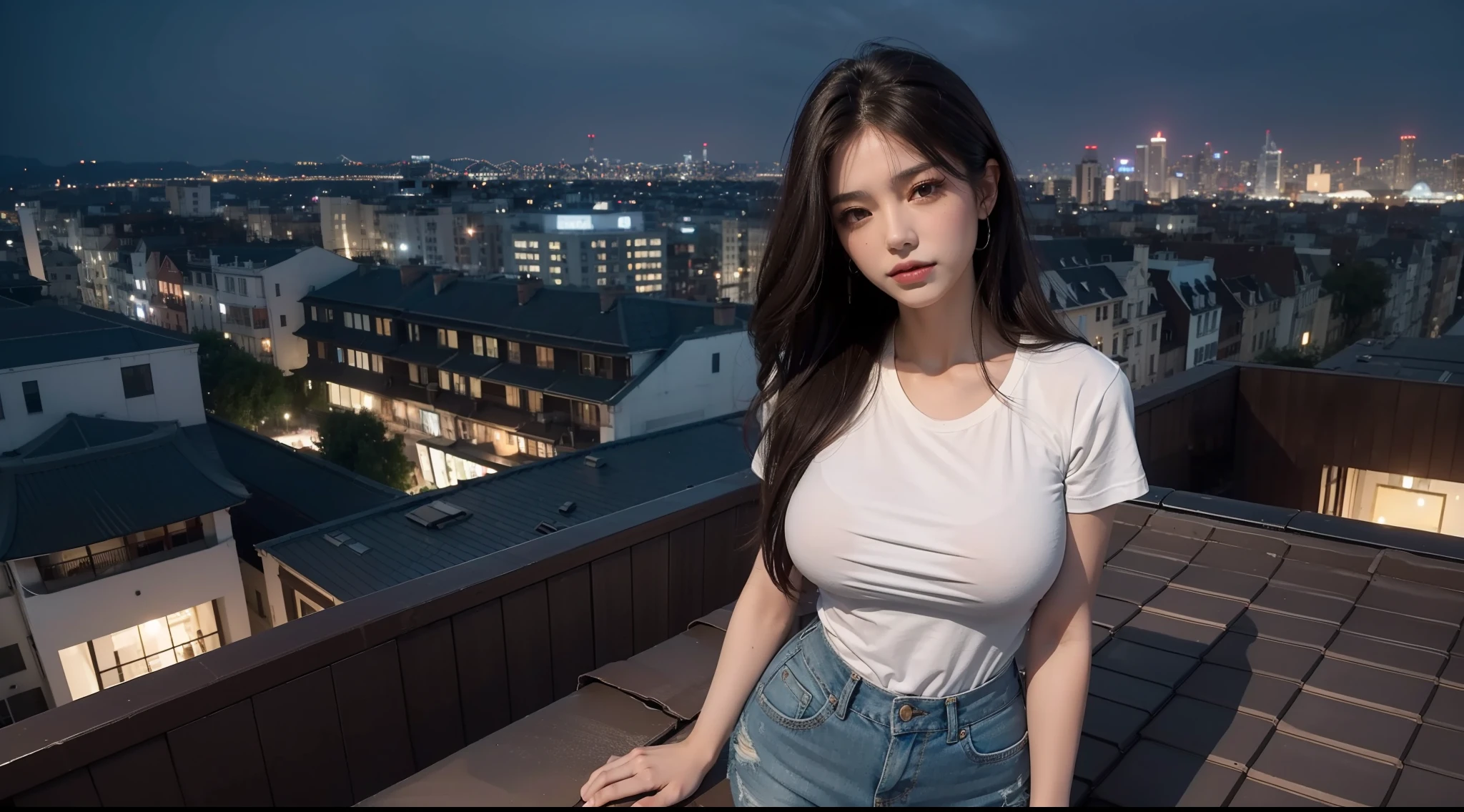 ((Midnight, Best quality, 8k, Masterpiece :1.3)), Whole body, Long legs, Sharp focus :1.2, A pretty woman with perfect figure :1.4, Slender abs :1.1, ((Dark brown hair, Big breasts :1.2)), (White tight tshirt, Jean bib, Standing:1.2), ((Night city view, Rooftop:1.3)), Highly detailed face and skin texture, Detailed eyes, Double eyelid