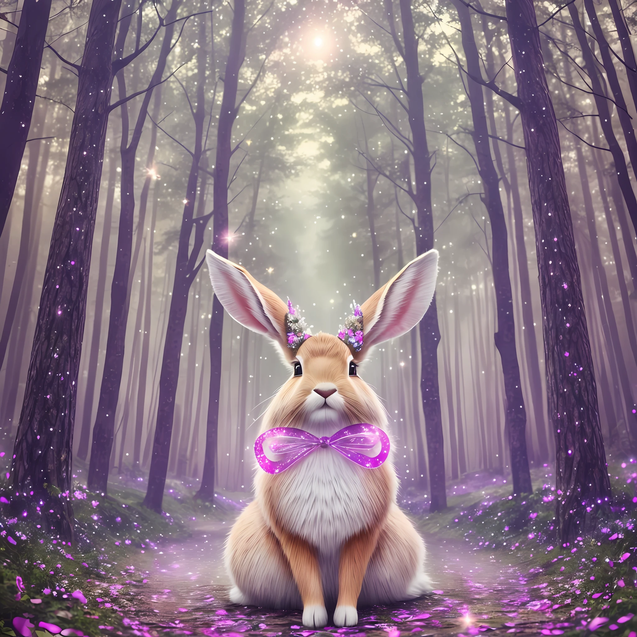 mystic forest, glitter, bright, light, rabbit, deer, playing, pretty girl, smile, get along, fun, bright, halo, bright background, fairy