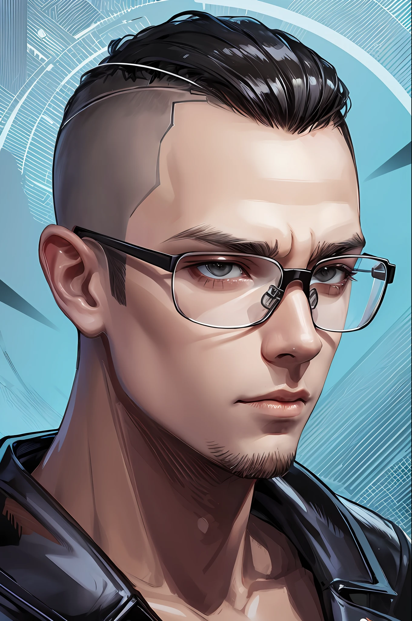 Male, buzz cut hairstyle, slicked-back style, glasses, IT, futuristic vibe, technology feel, android, stylish, Asian facial features