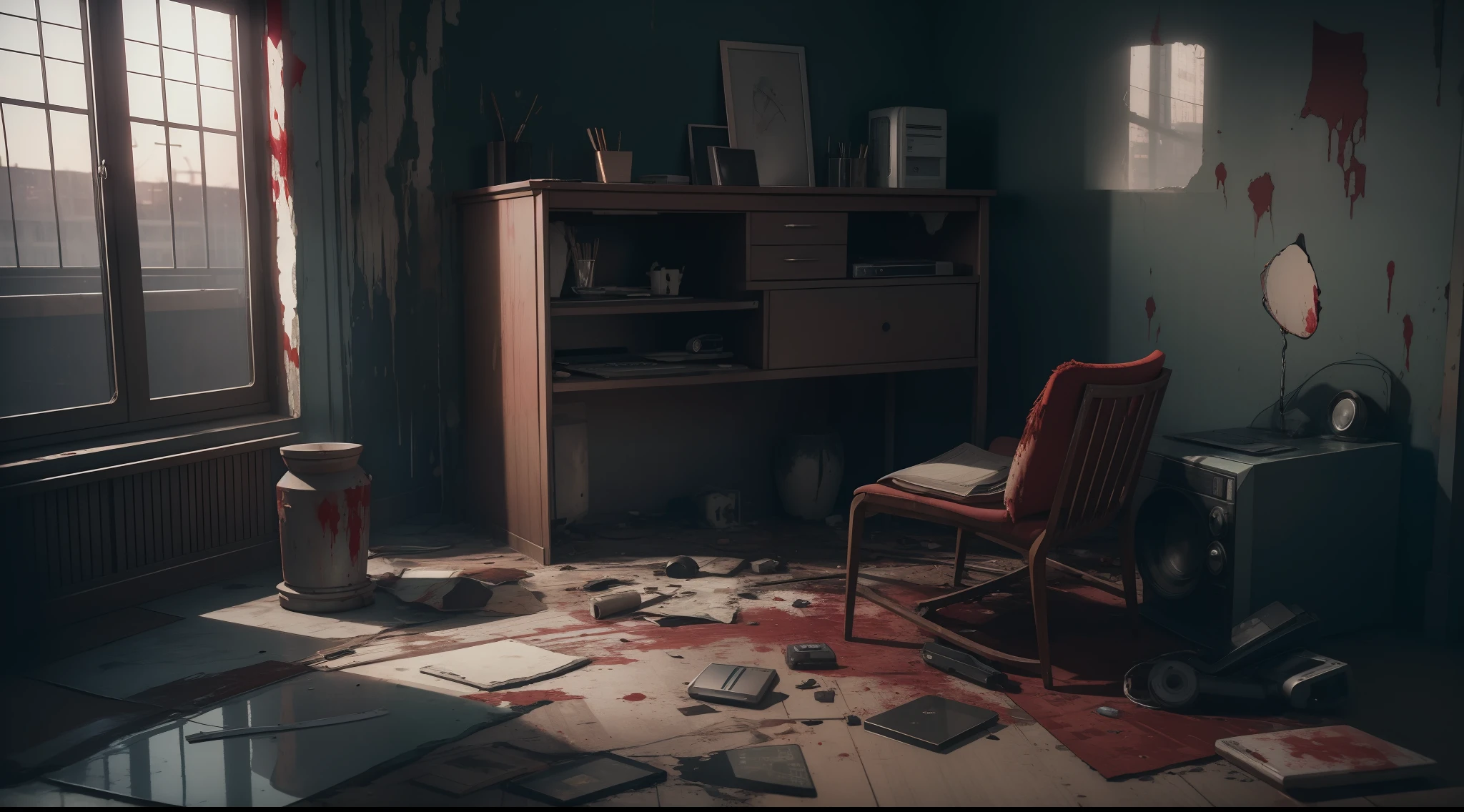 There's a broken computer desk with a chair and vase in the corner broken, CGSOCIETY 9, ruined city background, broken and dirty décor, dust, cobweb, brush, blood splatterer on the walls, retro apartment, rendered in lumion pro, horro interior, octane render
