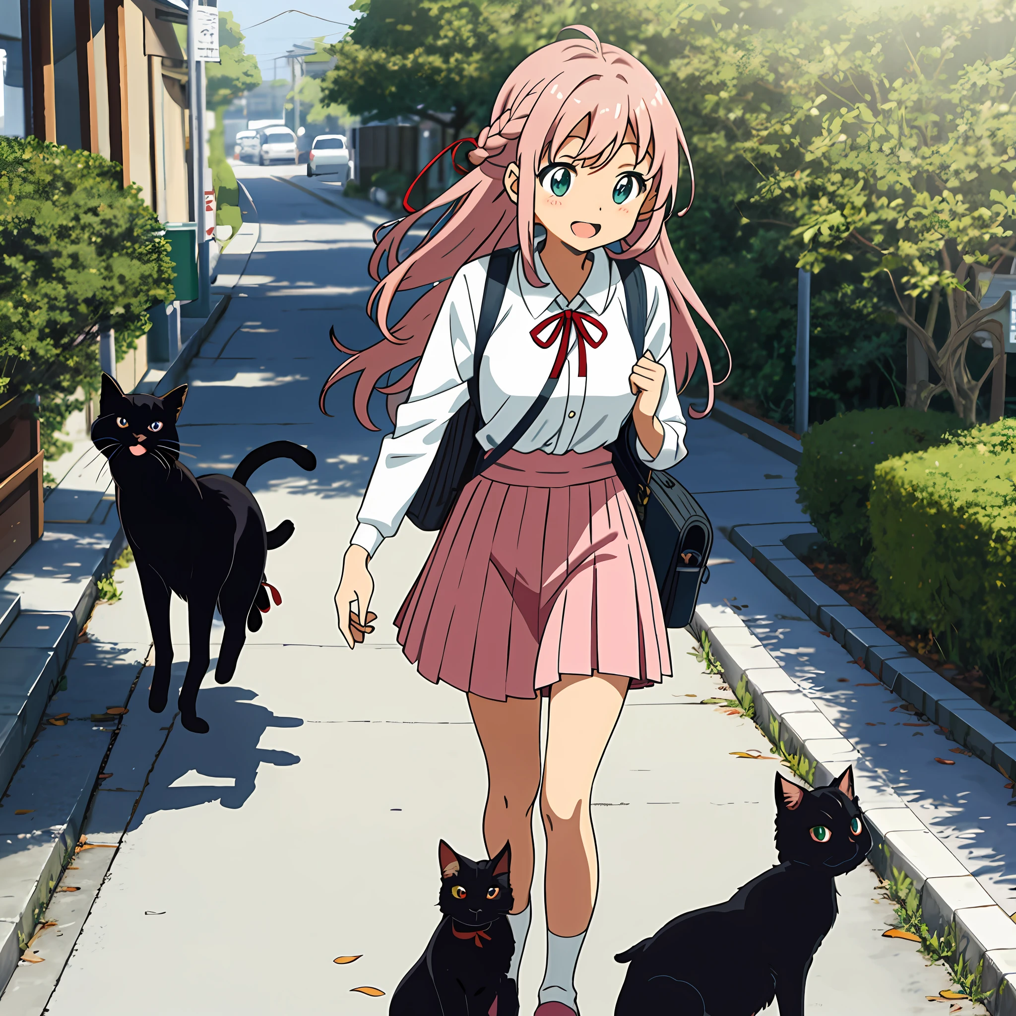 Anime illustrations in the style of "Kyoto Animation", highest quality, (cute: 1.1), (cute), (high resolution: 1.2), incredibly ridiculous: 1.3, incredibly fine illustrations, break 1 beautiful girl, Solo, (heterochromia, light blue eyes and light green eyes), silhouette of star eyes, solo, standing figure, happy, :d, princess eyes, big breasts, break, braid, light pink hair, semi-long hair, red ribbon at the end of braid, carrying a rucksack, small black cat towards you, break, angle from the front, National Route 310 in Japan, walking on the sidewalk, June 17 o'clock, there are many cars