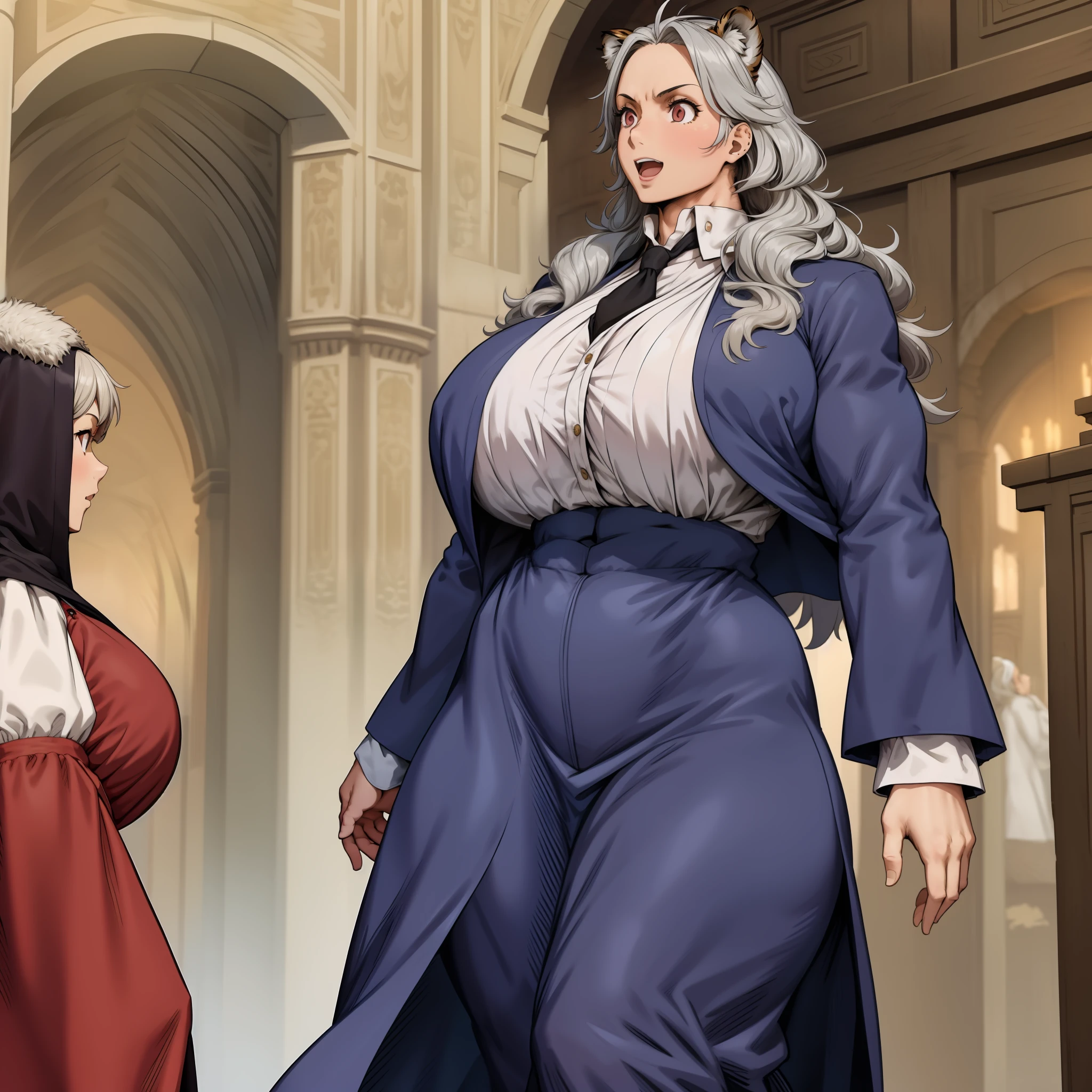 noi,muscular girl, huge chest, tall woman, curved, coat, nun, priestess, vest, pants, skirt, modest, coat, walking, long dress, long dress, victorian clothing, fur clothing,shirt, tiger ears, long skirt, 1girl, 1character, forest village, medieval, europe, solo focus