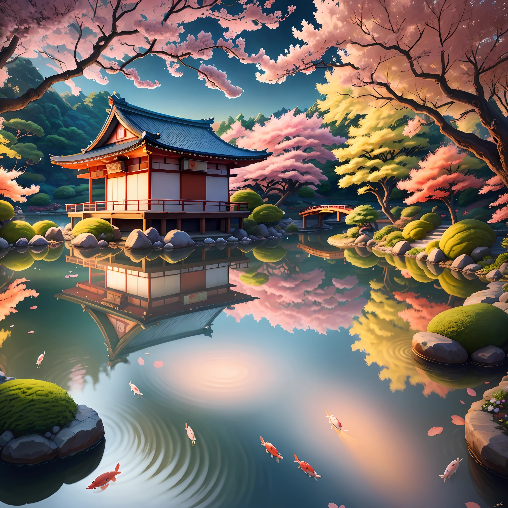 High resolution, 8K, (digital painting), (best quality), tranquil Japanese garden, blooming cherry blossoms, koi pond, pedestrian bridge, pagoda, ukiyo-e art style, Katsushika Hokusai inspiration, Deviant art popular, 8k hyper-realism, soft color scheme, soft lighting, golden hour, tranquil atmosphere, landscape