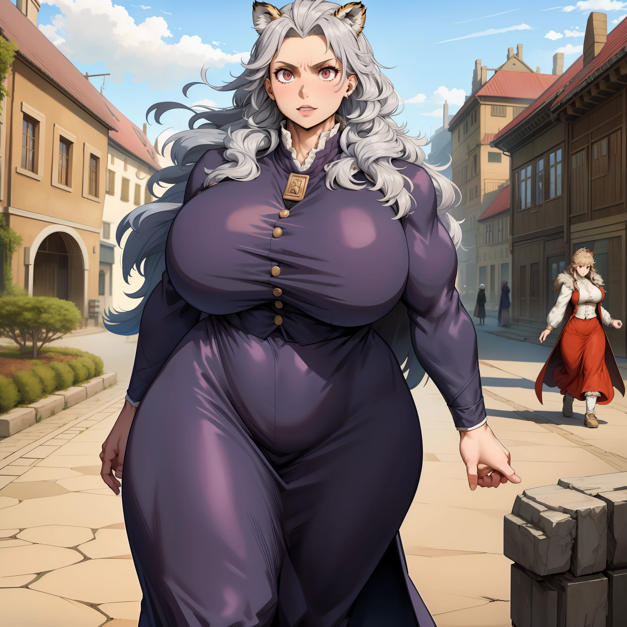 noi,muscular girl, huge chest, tall woman, curved, coat, nun, priestess, vest, pants, skirt, modest, coat, walking, long dress, long dress, victorian clothing, fur clothing,shirt, tiger ears, long skirt, 1girl, 1character, forest village, medieval, europe, solo focus