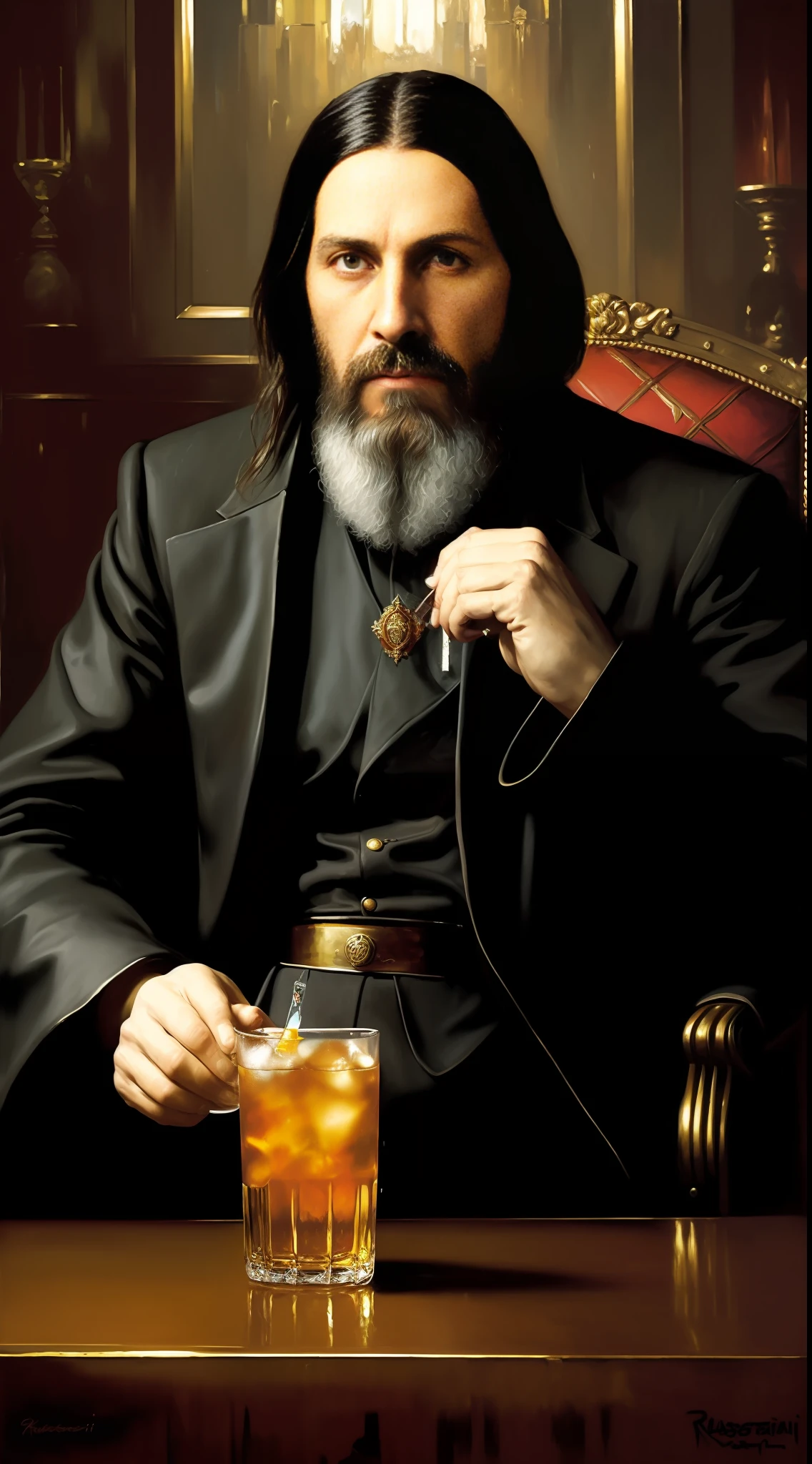 (masterpiece, best quality, oil painting by Greg Rutkowski:1.2), Rasputin, notorious for his rugged attire and unwashed appearance, (intense gaze:1.2), seated at an elaborate dinner table, (holding a poisoned drink:1.4), dimly lit room, high contrast lighting, (foreboding aura:1.2), realistic style.