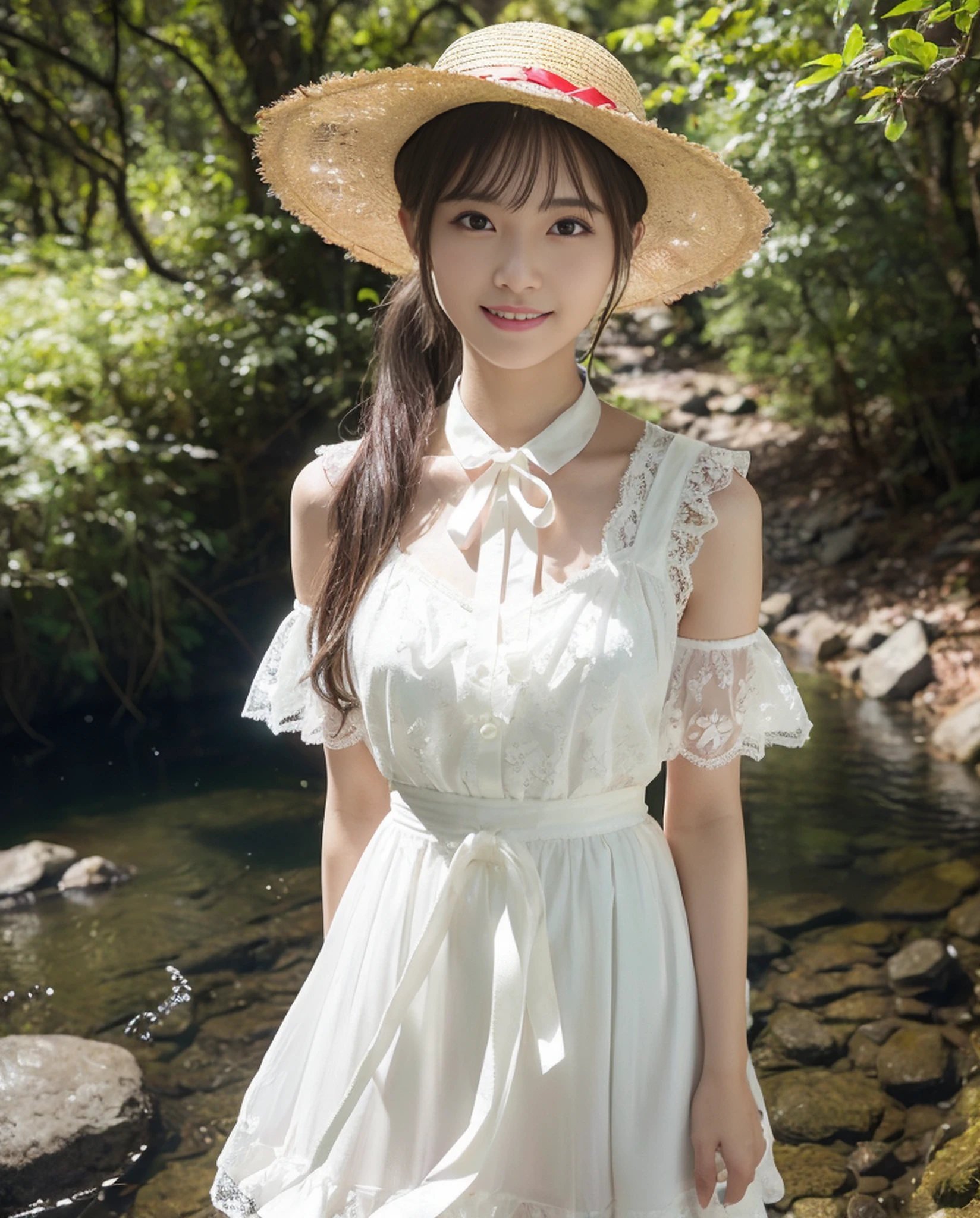 ((((1))),((Photorealistic))), ((AKB 48)), (Full body photo))), (Lens flare))),((Backlight)), (In the woods))((Clear stream deep in the dark mountains)),((Rock in the background)),((Straw hat with ribbon)),((Smiling)),((NIKON Z)),(19 years old))),(Small bust)))), ((White skirt lace dress)))), (((Pore feeling)))), (skin feeling))), (((Photorealism: 6, Realistic))))), (sideways and turning around pose)),Perfect chest shape, bare buttocks, side ponytail, ribbon, hair ornament, pale skin, looking at the viewer, small waist