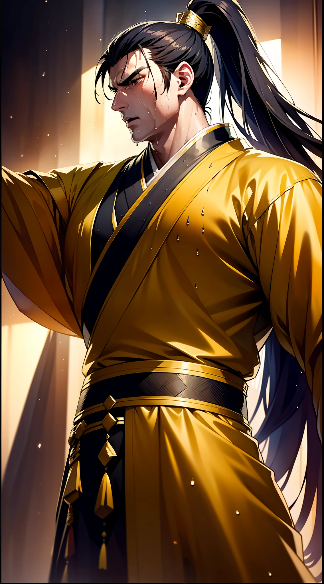 Two-dimensional, anime style, man (male warrior), muscle, correct proportions, face details, martial arts, high ponytail hairstyle, sweating, sweaty face, drooling, neck details, with Adam's apple, wet, wet, Hanfu costume, long robe, embroidered robe, dragon robe, clothing details, collar, long sleeves, game quality, swordsman demeanor, light and shadow tracing, ray tracing, detail glow, CG rendering, hair details, long black hair, golden eyes, sweaty face, handsome, handsome, sweat beads slipping down the neck, (juvenile feeling), complex clothing, wet, wet, perfect composition, refinement, high quality, more details, a lot of details, complex background, atmosphere,