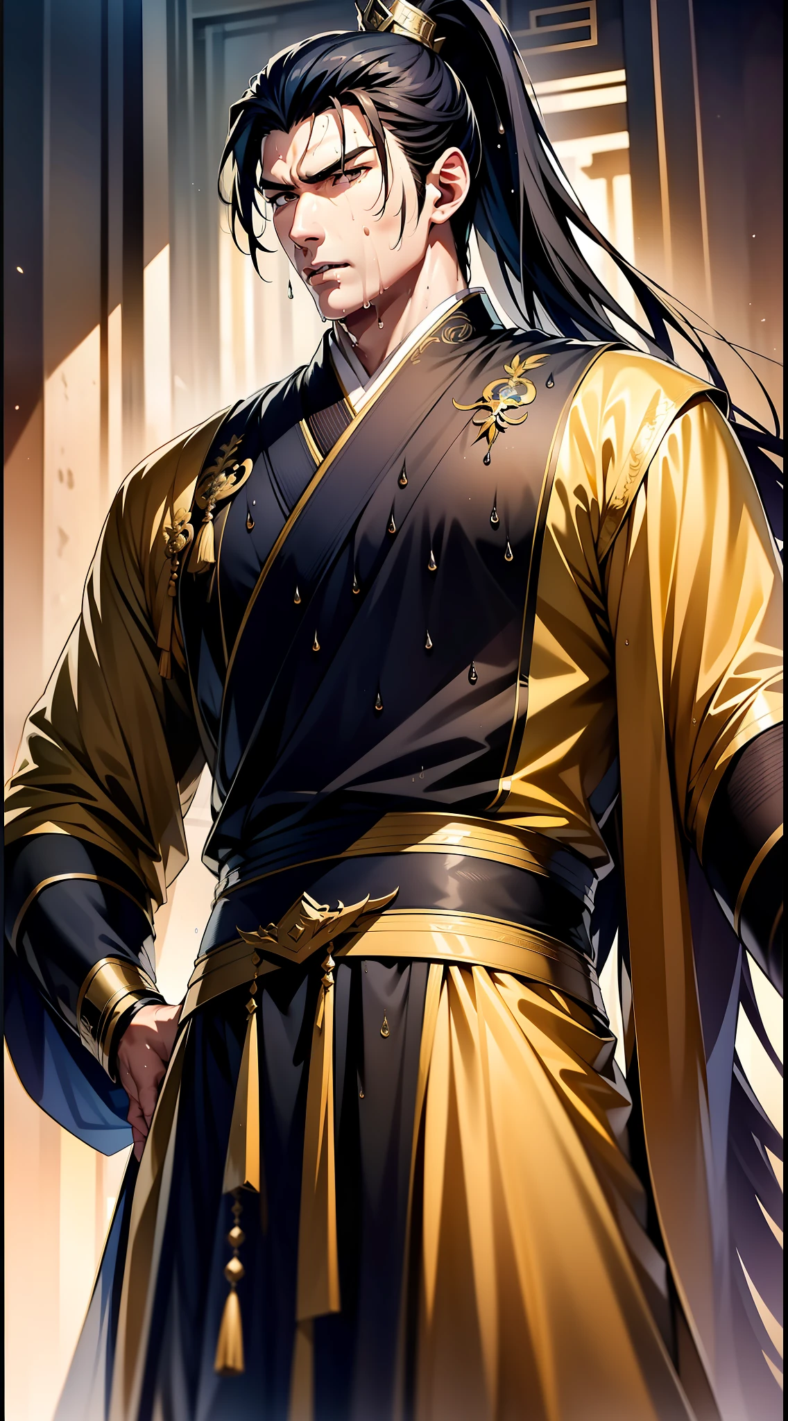 Two-dimensional, anime style, man (male warrior), muscle, correct proportions, face details, martial arts, high ponytail hairstyle, sweating, sweaty face, drooling, neck details, with Adam's apple, wet, wet, Hanfu costume, long robe, embroidered robe, dragon robe, clothing details, collar, long sleeves, game quality, swordsman demeanor, light and shadow tracing, ray tracing, detail glow, CG rendering, hair details, long black hair, golden eyes, sweaty face, handsome, handsome, sweat beads slipping down the neck, (juvenile feeling), complex clothing, wet, wet, perfect composition, refinement, high quality, more details, a lot of details, complex background, atmosphere,