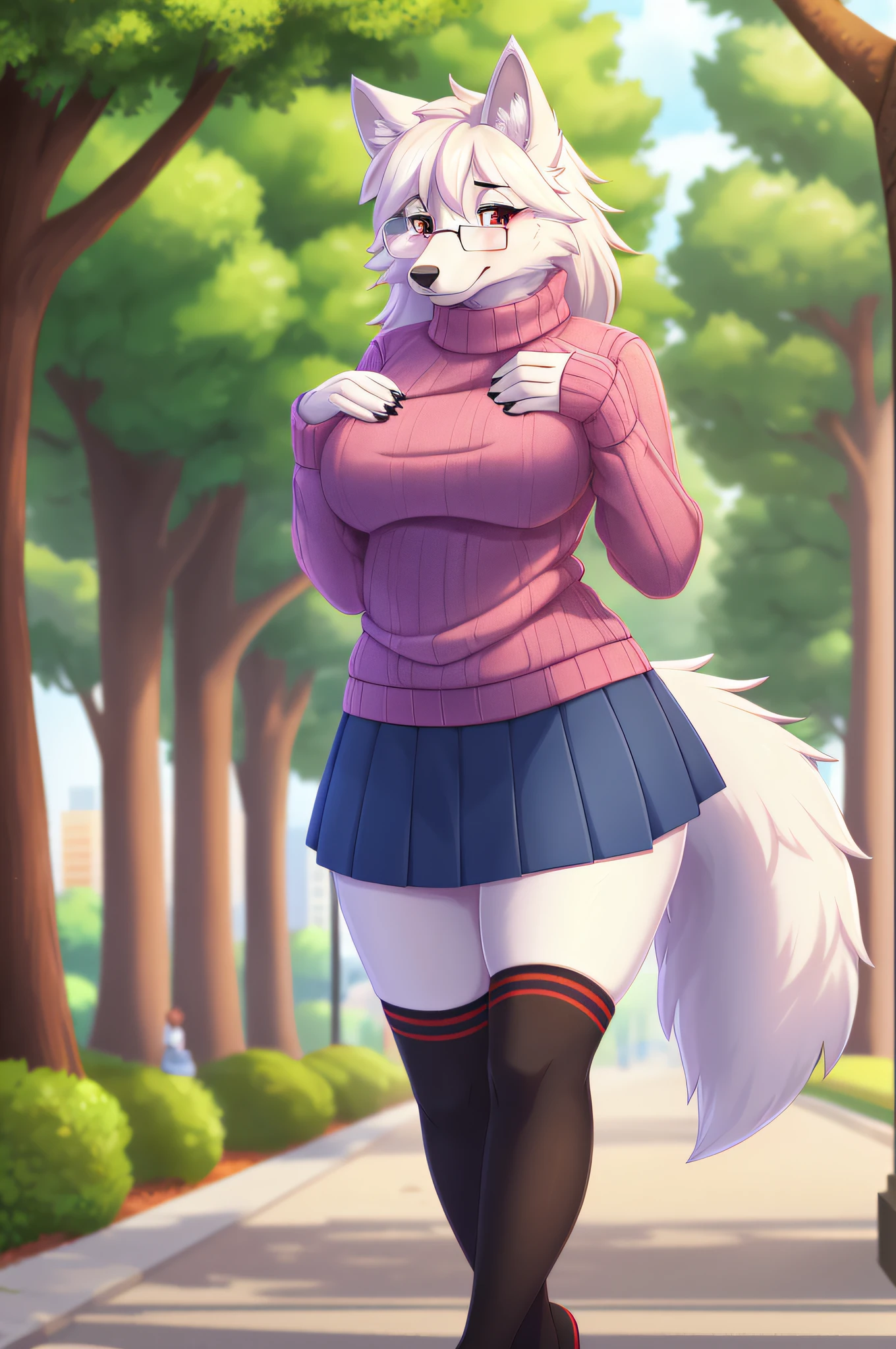 Female, solo, wolf, fluffly, furry, (average breasts), (curvy:1.3), (skirt), (sweater), (knee socks), (glasses), park background, accurate tail, slight blush, mature, shy, beautiful, highly detailed, high resolution, detailed eyes, detailed hands, detailed background, masterpiece