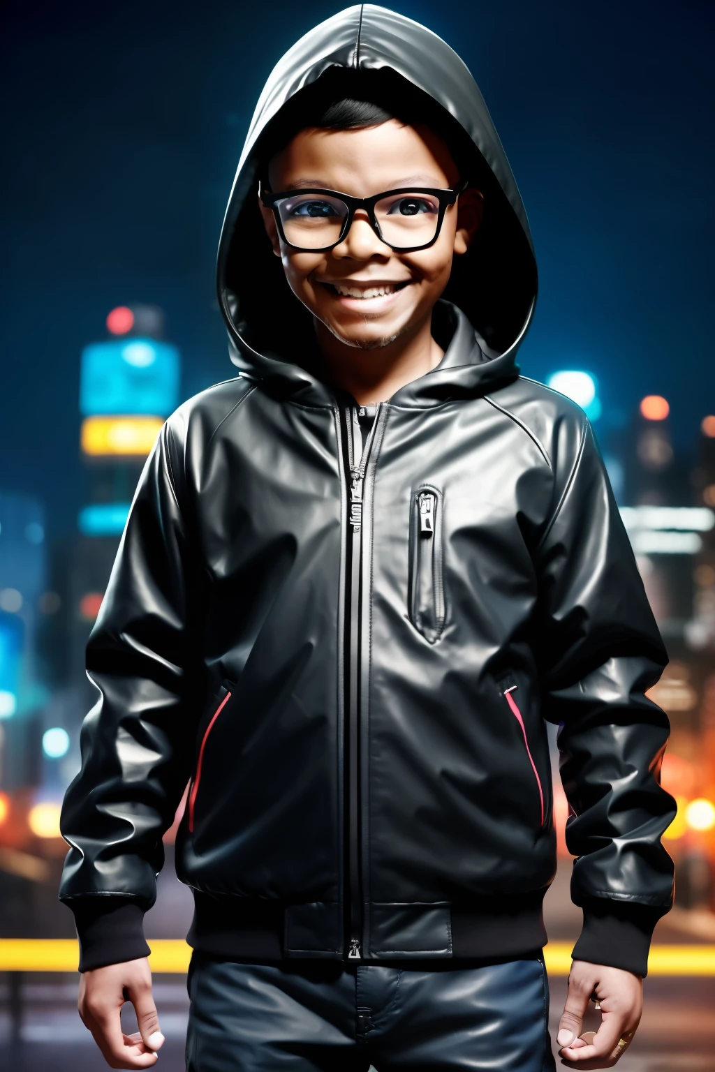 guttonerdvision5, portrait of a happy 3  boy wearing glasses, detailed skin and face, with hooded leather clothing, cyberpunk style, neon, colored lights, ultra realistic rainy cyberpunk city scenery, realistic character,