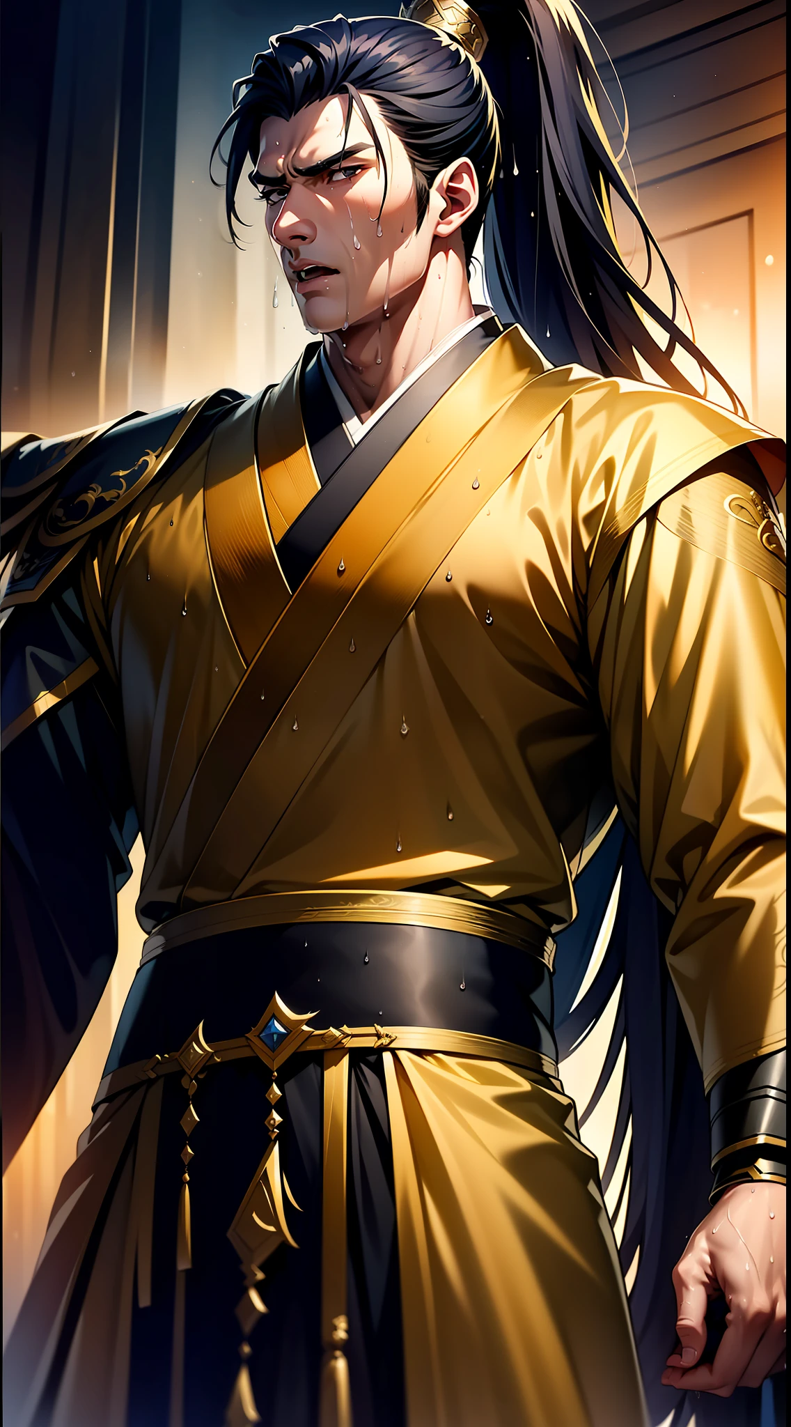 Two-dimensional, anime style, man (male warrior), muscle, correct proportions, face details, martial arts, high ponytail hairstyle, sweating, sweaty face, drooling, neck details, with Adam's apple, wet, wet, Hanfu costume, long robe, embroidered robe, dragon robe, clothing details, collar, long sleeves, game quality, swordsman demeanor, light and shadow tracing, ray tracing, detail glow, CG rendering, hair details, long black hair, golden eyes, sweaty face, handsome, handsome, sweat beads slipping down the neck, (juvenile feeling), complex clothing, wet, wet, perfect composition, refinement, high quality, more details, a lot of details, complex background, atmosphere,