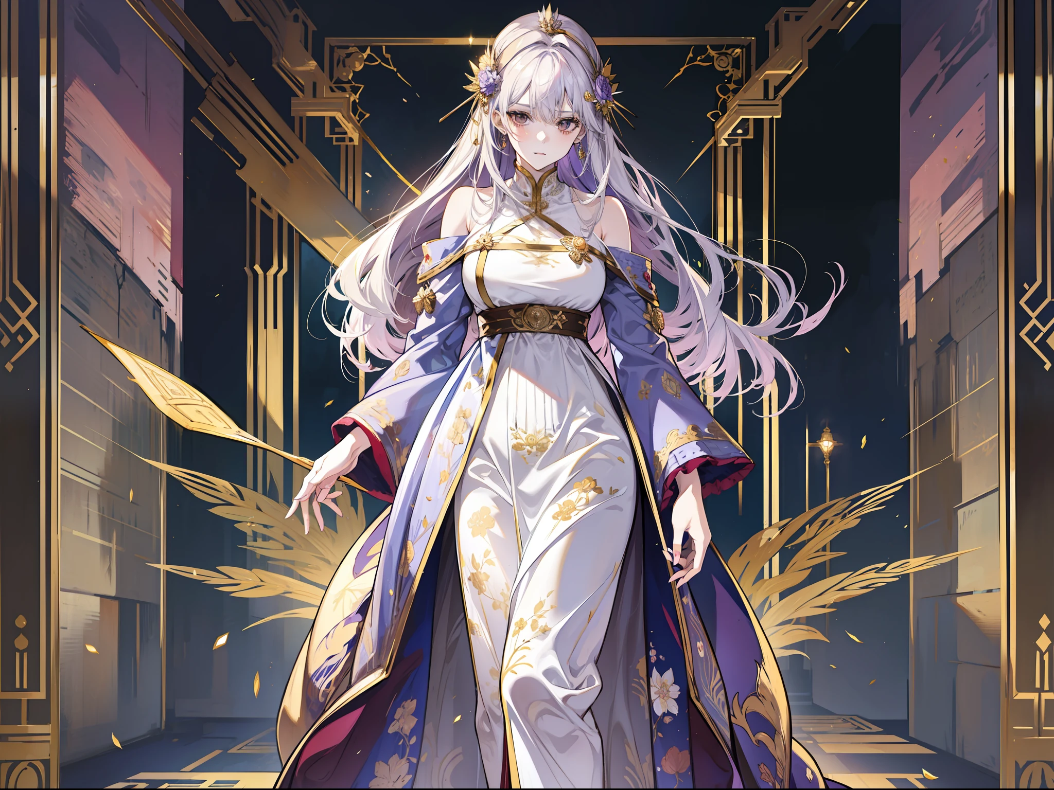 (absurd, high resolution), (panorama), ccurate, anime, high detail, a woman, mature, beautiful, tall, queen's attire, lilac complex dressed, exquisite, brown eyes, pale blonde hair, silver crown on his head, irritated, serious, in the palace, resplendent, magical, antique style, holding a long golden delicate wand, far view, standing