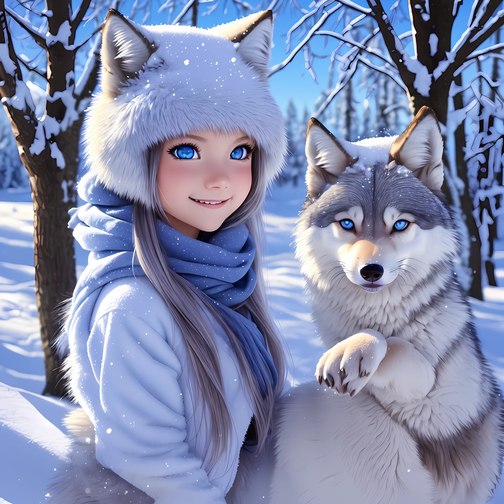 chibi, wolf and beautiful girl, good friend, best friend, play, love, light, mystery, bright smile, fun, blue eyes, kind eyes, bright background, winter, snow, warm, high image quality, lassen