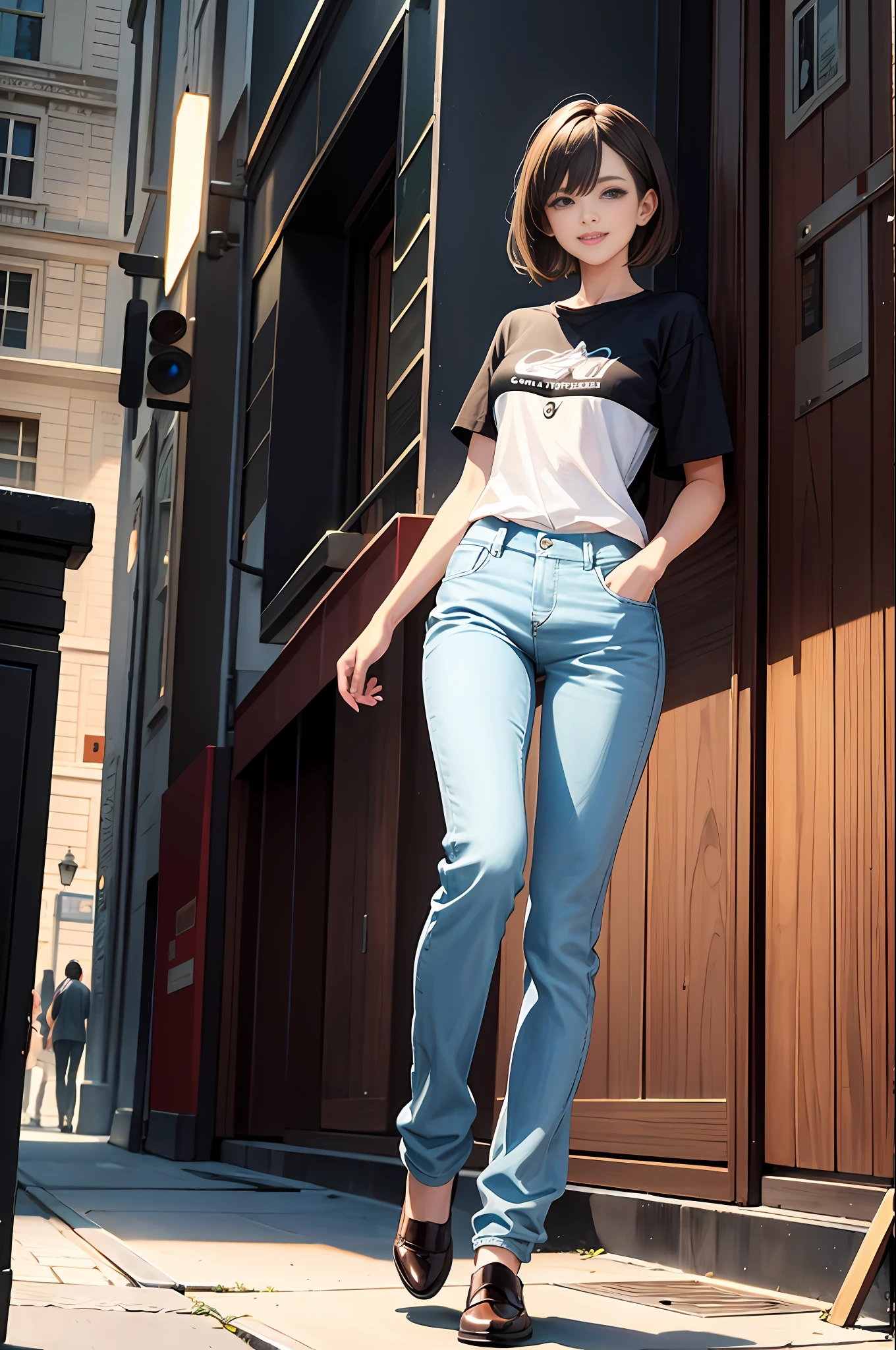 (Masterpiece, Top Quality, Best Quality, Official Art, Beautiful and Aesthetic:1.2), City, Street Light, Full Body, Colorful, Slender, One Girl, Long Pants, T-Shirt, Big Smile, Gentle Pose,, Short Cut, Brown Hair, Brown Eyes, Dynamic Lighting, High Resolution, Sharp Focus, Small Breasts, Illustration, Super Detail Face, Best Quality Face, Complex Detailed Costume
