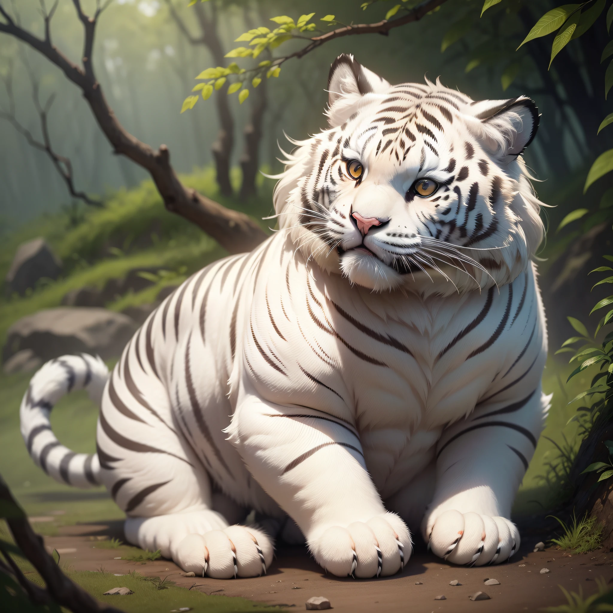 White cute fluffy tiger, fat, fluffy cheeks, (extremely detailed, flawless world,8k, realistic),(hunting posture)