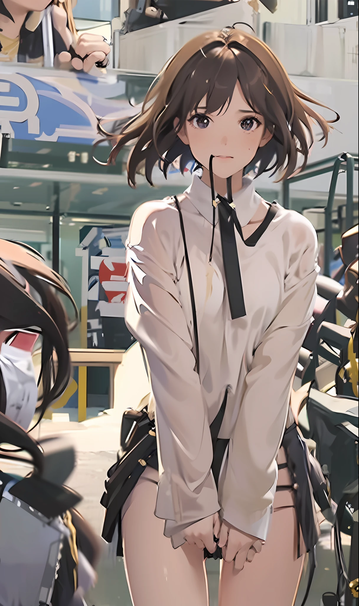 Ridiculous, masterpiece, best quality, realistic, ultra-detailed, (shiny skin, sweating: 1.4), looking at the audience, slim, 1girl, solo, naked, no underwear panties, short hair, chocolate hair, dark eyes, mid-chest, (thick thighs: 0.4), dynamic light and shadow, high resolution, sharp focus, depth of field