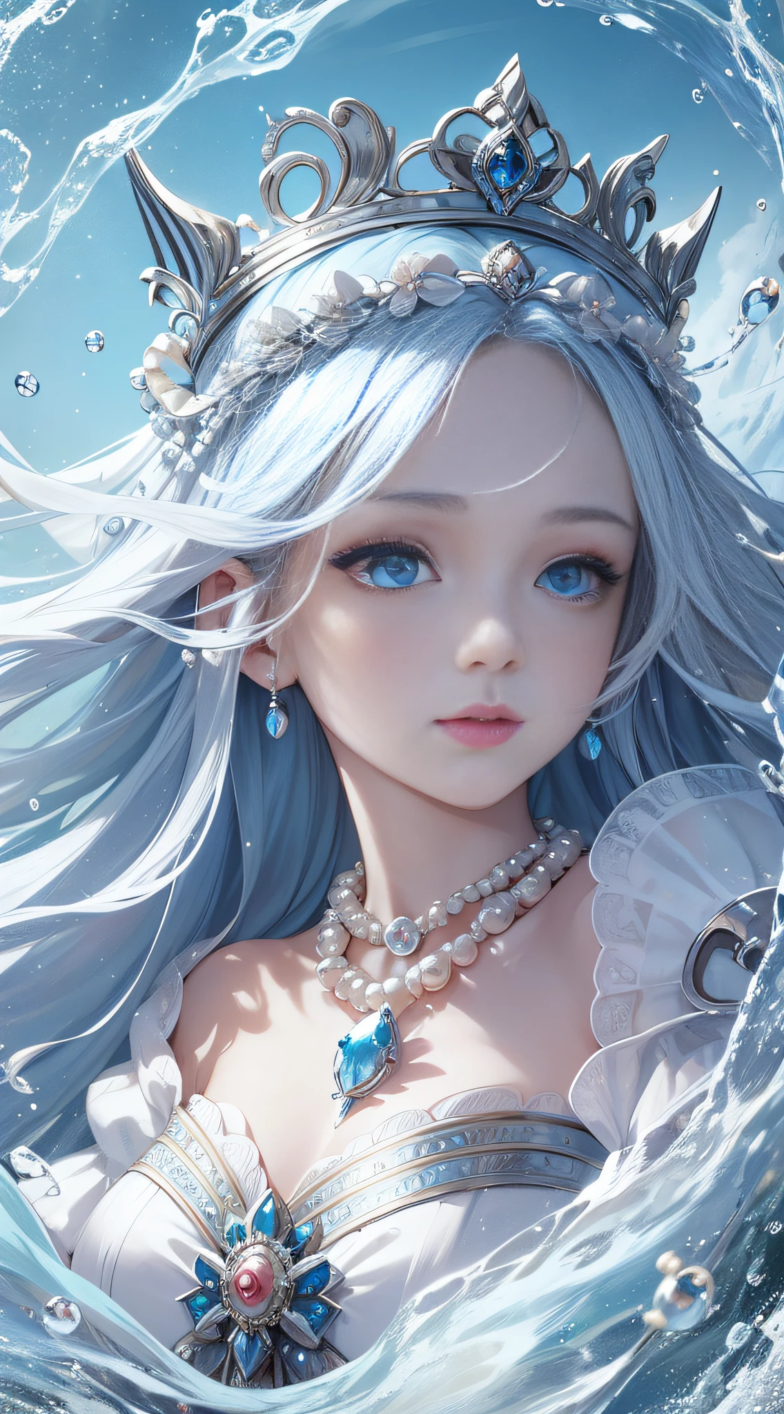 Maiden, super delicate face, stunning face, a person, bust, long sea blue hair, blue eyes, white dress, puff sleeves, necklace, pearl, shell, waves, ocean, sea, fish, boat, hyper detail, best picture quality, white crown, masterpiece, superlative, tiara, intricate details, off-the-shoulder, on board