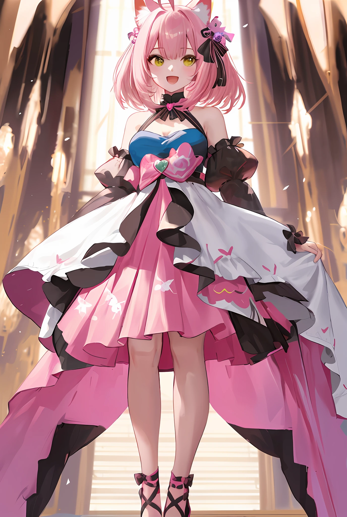 1 girl, animal ears, virtual VTuber, dress, blue dress, solo, cat ears, animal ear fluzz, ahoge, short white hair, cat girl, hair ornaments, look at the audience, separate sleeves, smile, zoom layer, pink hair, heart, bow, open mouth, bare shoulders, long sleeves, attractive, (Sick Number: 1.2), (Masterpiece: 1.2), Standing, Best Quality, High, Original, Very Detailed Wallpaper, Perfect Lighting, (Very Detailed CG: 1.2), Painting, Brush, Right Eyes, Front View, Simple Background, (Solid Color Background: 1.2), Symmetrical Full Body Rendering, Stick Figures, Symmetrical Body, Realistic Proportions Body, Elongated Symmetrical Body, Body Symmetrical Anatomy, Complete Character Centered on Portrait, Light in Front, Front Light, Front Light