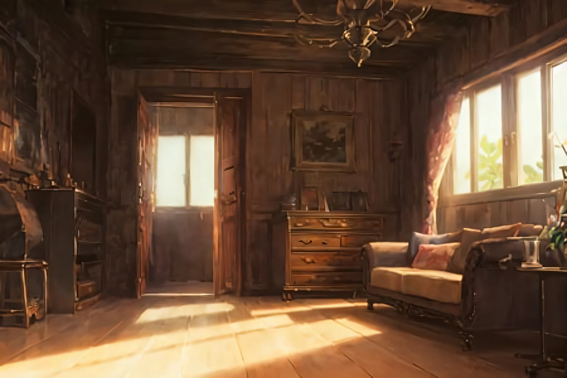 in the style of  old house, inside, sunlit, lamp,