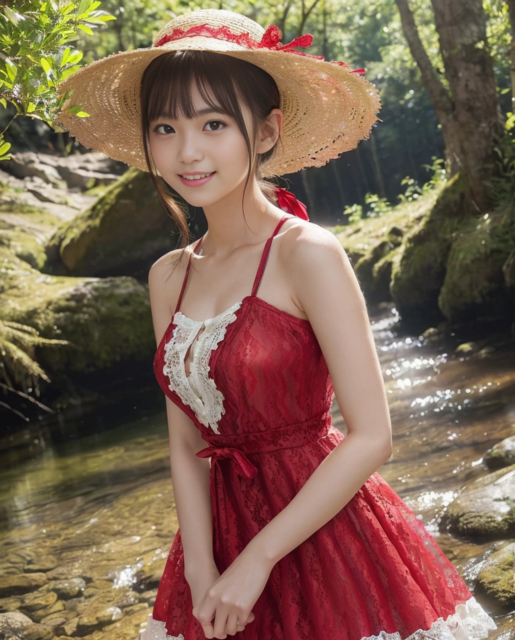 ((((1))),((Photorealistic))), ((AKB 48)), (Full body photo))), (Lens flare))),((Backlight)), (In the woods))((Clear stream deep in the dark mountains)),((Rock in the background)),((Straw hat with ribbon)),((Smiling)),((NIKON Z)),(19 years old))),(Small bust)))), ((((red lace dress)))), ((((Pore feeling)))), ((skin feeling)))), (((Photorealism: 6, realistic))))), (((sideways and turning around pose)),Perfect chest shape, bare buttocks, side ponytail, ribbon, hair ornament, pale skin, looking at the viewer, small waist