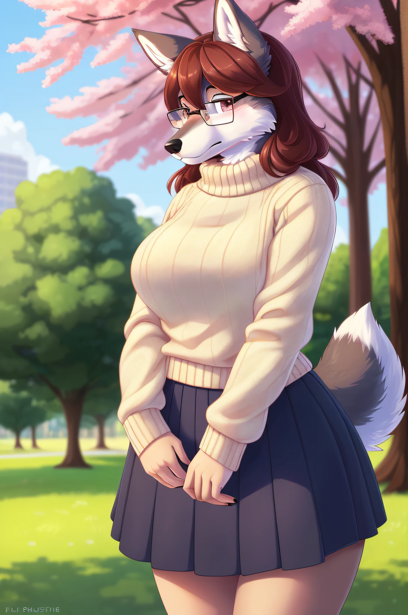 Female, solo, wolf, fluffly, furry, (average breasts), (curvy:1.3), (skirt), (sweater), (glasses)\, park background, accurate tail, slight blush, mature, shy, beautiful, highly detailed, high resolution, detailed eyes, detailed hands, detailed background, masterpiece