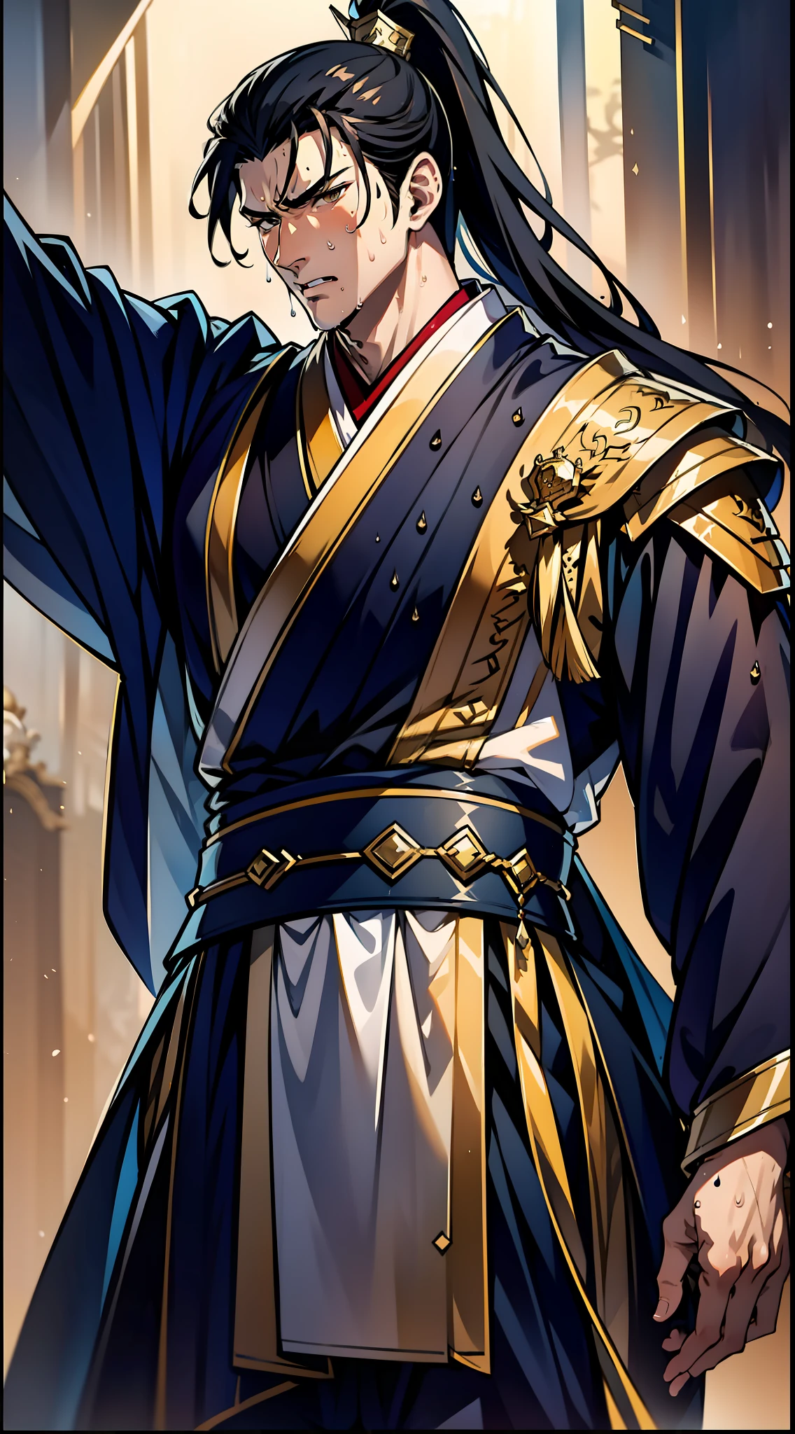 Two-dimensional, anime style, man (male warrior), muscle, correct proportions, face details, martial arts, high ponytail hairstyle, sweating, sweaty face, drooling, neck details, with Adam's apple, wet, wet, Hanfu costume, long robe, embroidered robe, dragon robe, clothing details, collar, long sleeves, game quality, swordsman demeanor, light and shadow tracing, ray tracing, detail glow, CG rendering, hair details, long black hair, golden eyes, sweaty face, handsome, handsome, sweat beads slipping down the neck, (juvenile feeling), complex clothing, wet, wet, perfect composition, refinement, high quality, more details, a lot of details, complex background, atmosphere,