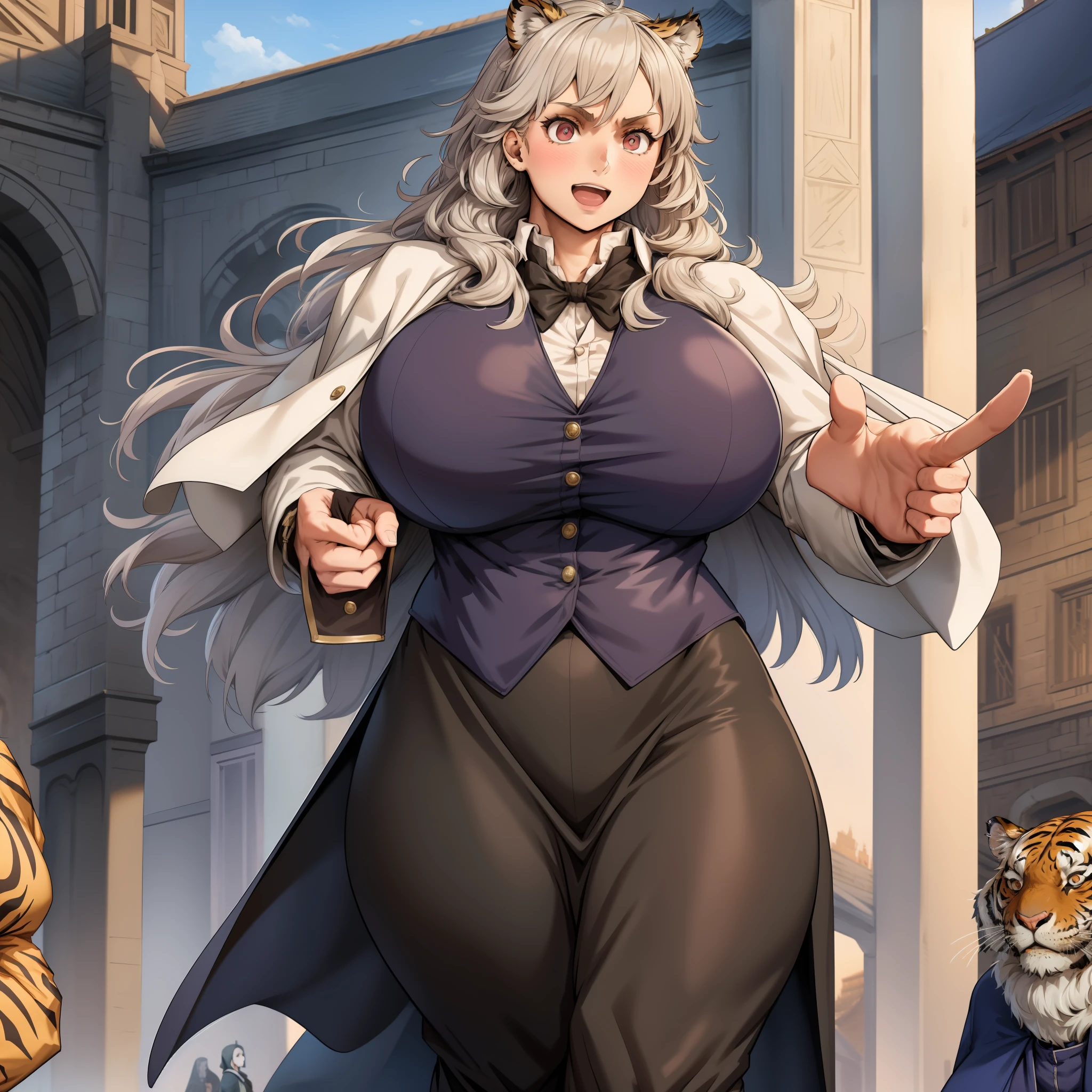 noi,muscular girl, huge chest, tall woman, curved, coat, nun, priestess, vest, pants, skirt, modest, coat, walking, long dress, long dress, victorian clothing, fur clothing,shirt, tiger ears, long skirt, 1girl, 1character, forest village, medieval, europe, solo focus