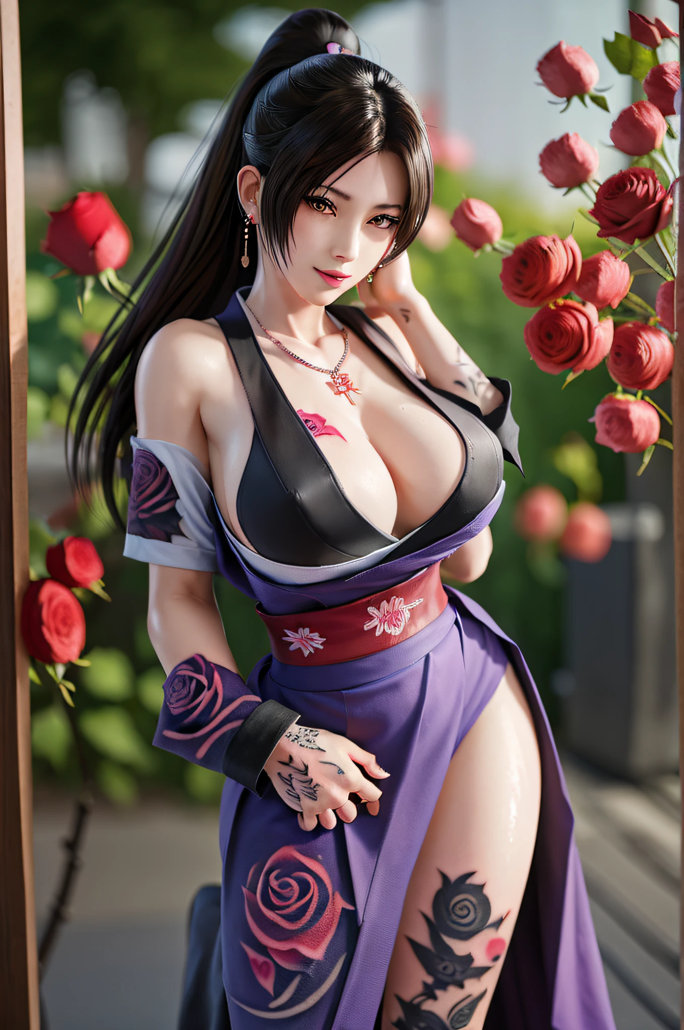 Full body, solo, MaiShiranui,Hands on breasts,(Japanese high school uniform:1.5), wristband, earrings, cross necklace,  bangs, black hair, blunt bangs, ( gigantic breasts:1.4), lips, long hair, moles under the mouth, purple eyes, slightly dilated lips, smile, wet skin, Wet hair,  shame,Standing amidst the falling cherry blossoms,(rose_tattoos:1.5), (masterpiece: 1.4), (best quality: 1.4), real-life portrait photography, looking at the viewer,Center,