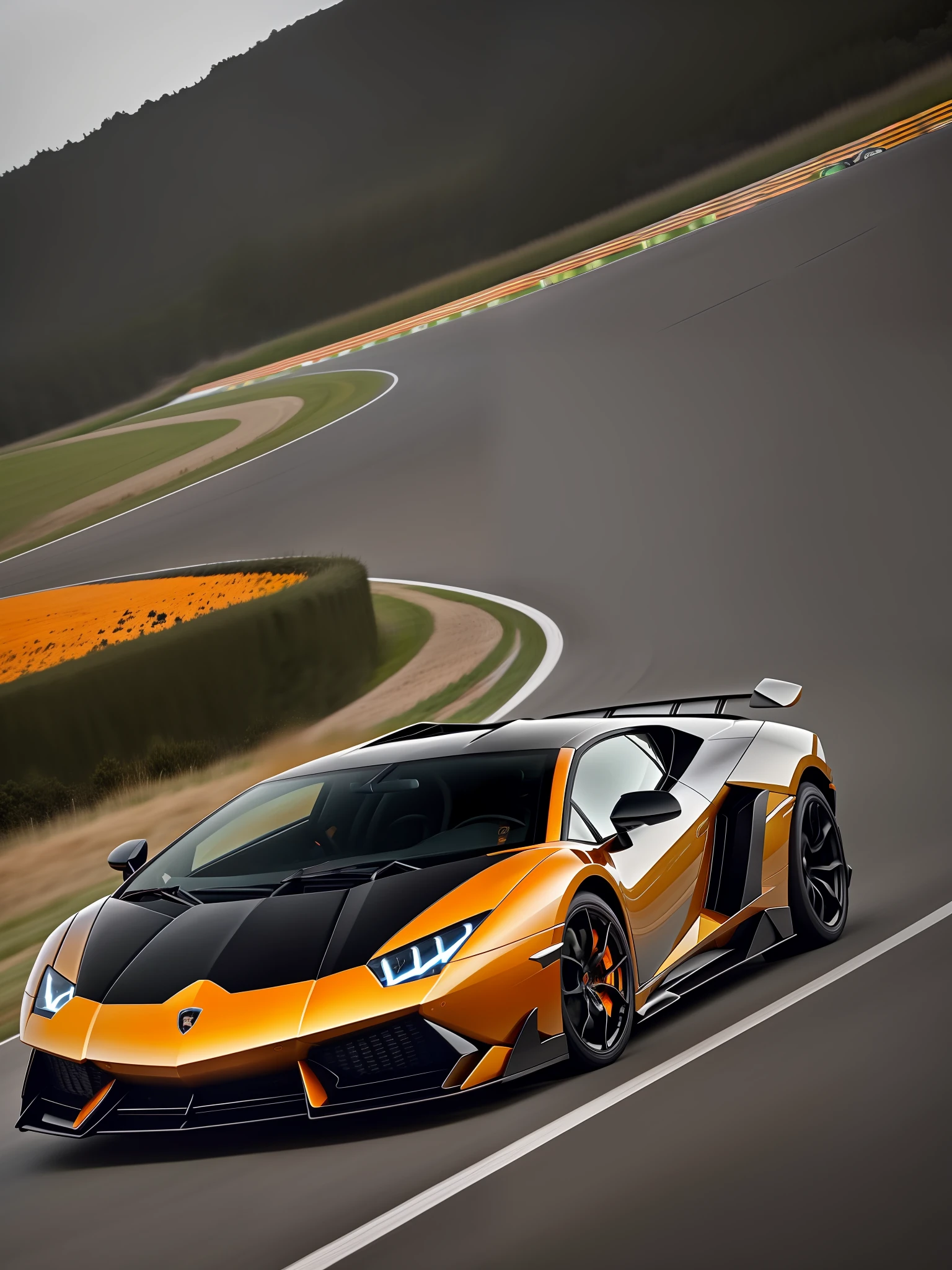 black and orange lamborghini supercar, in motion, wide angle, hyper realistic, masterpiece, HDR, 8K UHD