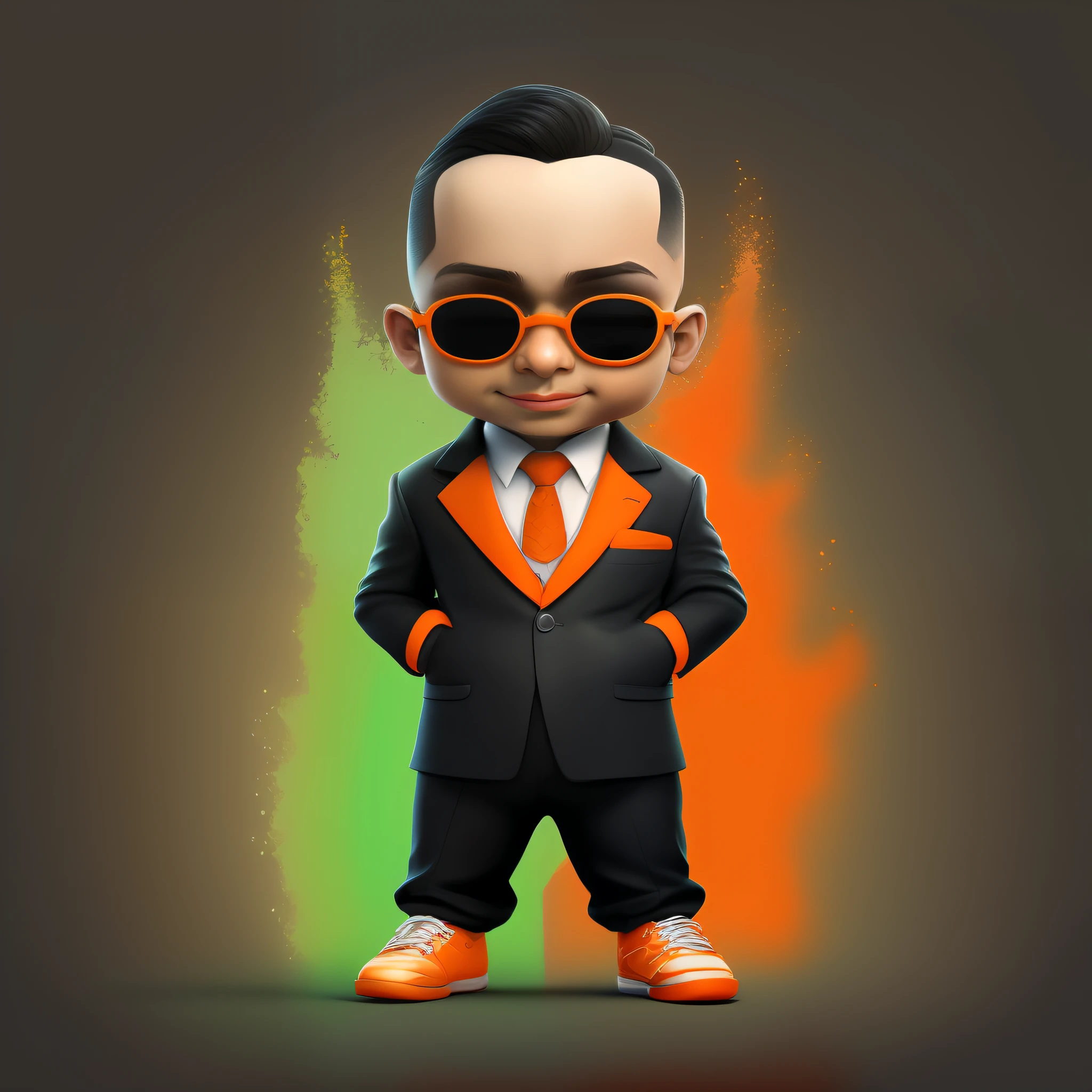 super happy face, super happy smile, (dreamlikeart: 1.2), splash art portrait painting, chibi, splashart, dynamic pose, thumbs up with both hands, young businessman, nerd vibes, stylish clothes, orange suit, orange tie, sunglasses, transparent lenses, orange frame, super short black hair degrade,